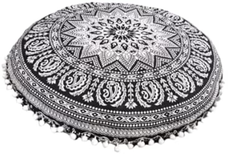 Boho Mandala Round Floor Seating Cushion Cover Only - 22 Inch Meditation Pouf Pillow Case for Yoga, Ottoman & Hippie Decor (Black White, No Filler) - Perfect for Home Decor, Meditation Spaces & Bohemian Living Rooms