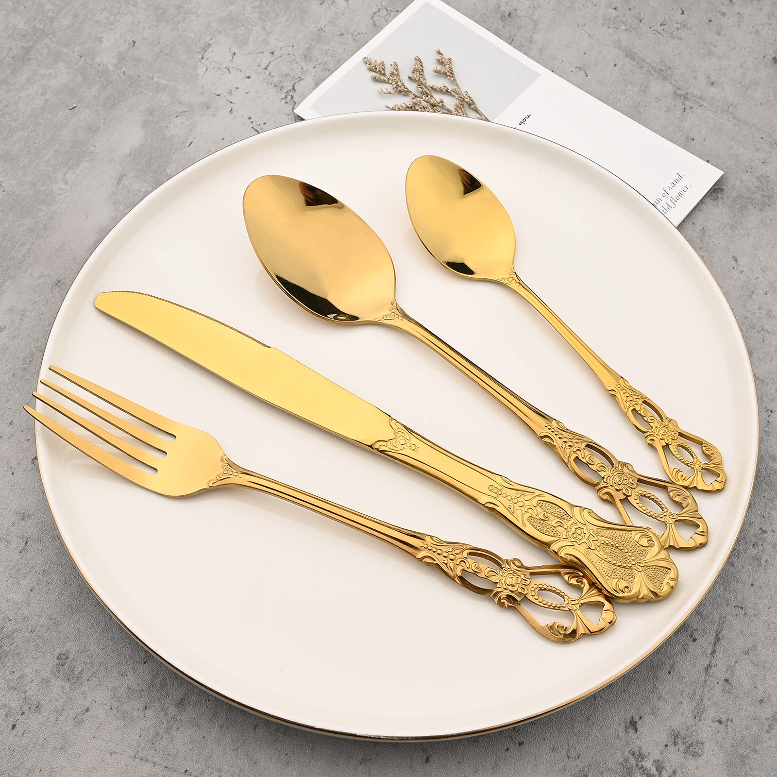 8-Piece Luxury Royal Silverware Set, 18/10 Stainless Steel Gold Flatware Set Service for 2 - Modern Mirror Polished Cutlery Set with Forks, Spoons & Knives - Dishwasher Safe - Perfect for Fine Dining, Wedding Gifts & Elegant Dinner Parties