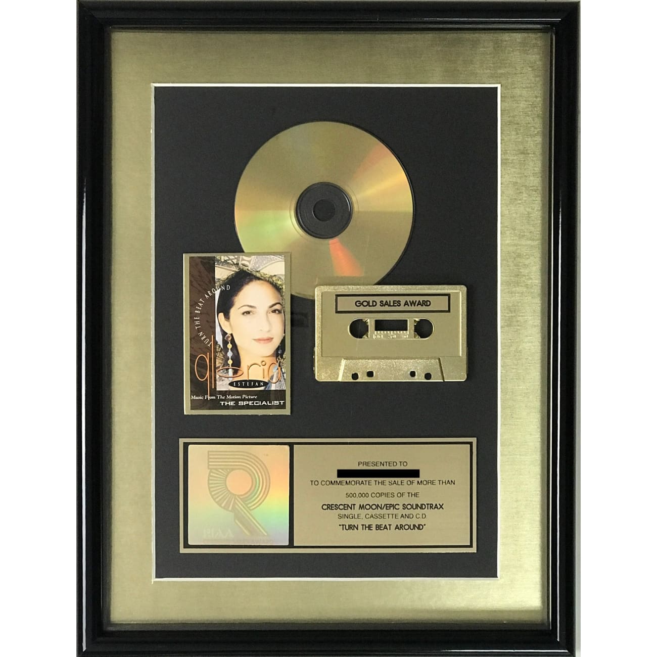 Gloria Estefan Turn The Beat Around RIAA Gold Single Award - Vintage Music Collectible for Fans & Memorabilia Display