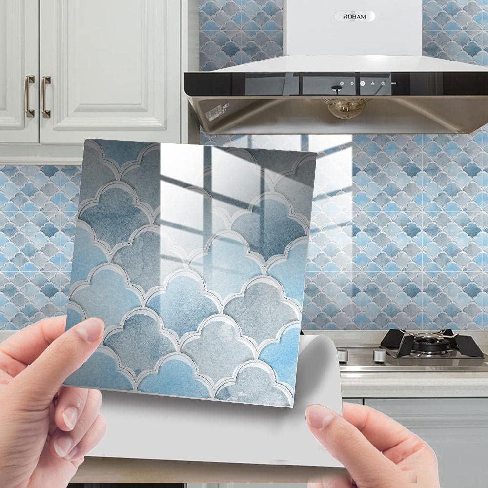 20cm x 20cm Light Blue Tile Stickers (10 Pack) - Waterproof Peel and Stick Wall Tiles for Kitchen Backsplash, Bathroom, and Home Decoration - Easy DIY Home Improvement Solution