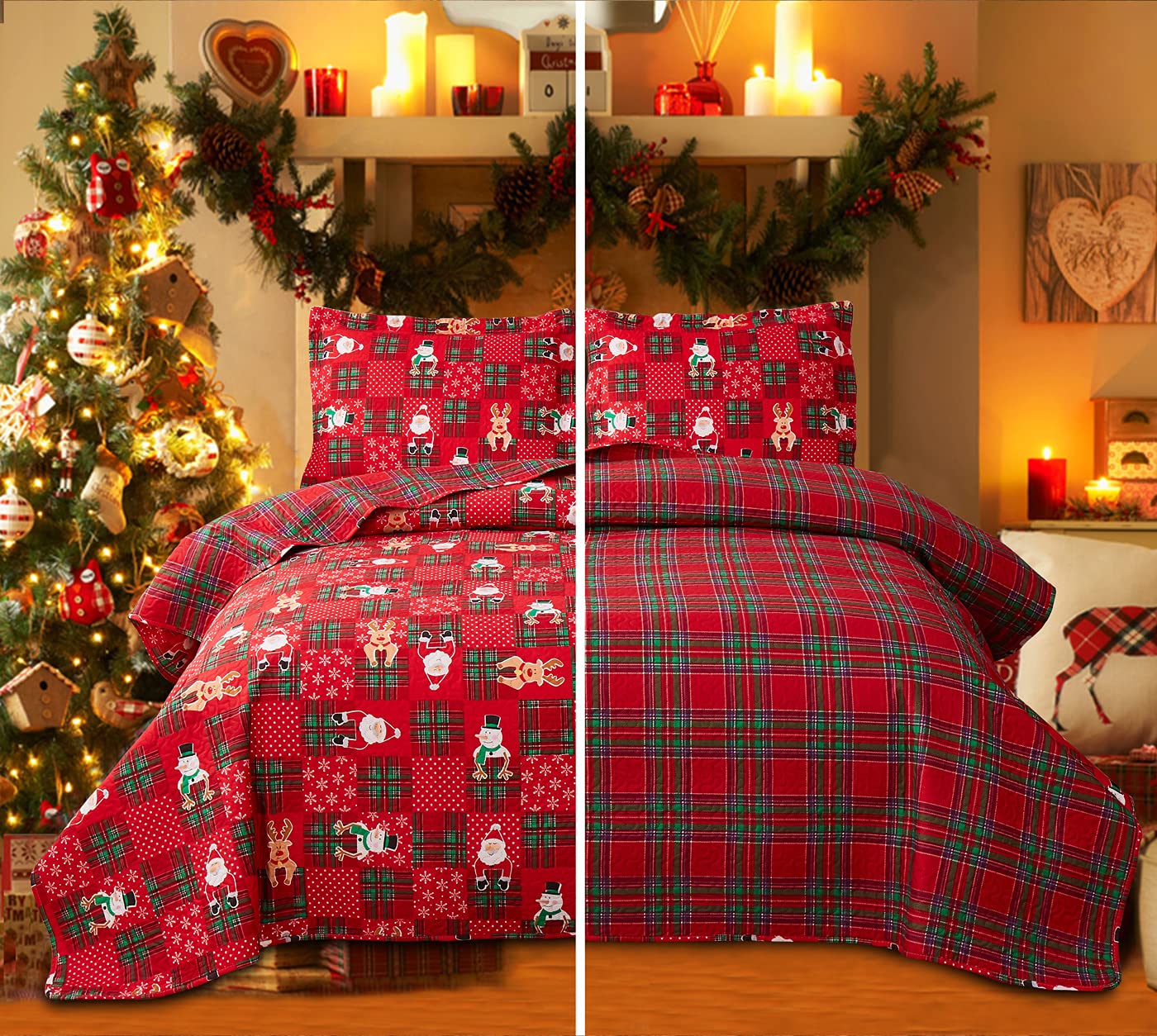 Reversible Christmas Quilt Set Queen Size - Buffalo Plaid Patchwork Bedspread Coverlet | Holiday Home Decor for Xmas Season | Cozy Lightweight Bedding for Winter Nights & Festive Guest Rooms