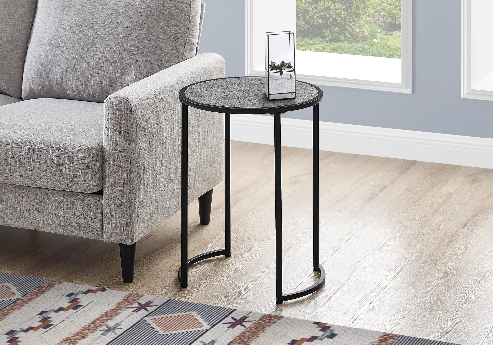 Modern Accent Table - 24 Inch Grey Stone Look with Black Metal Frame - Perfect for Living Room, Bedroom, or Office Decor