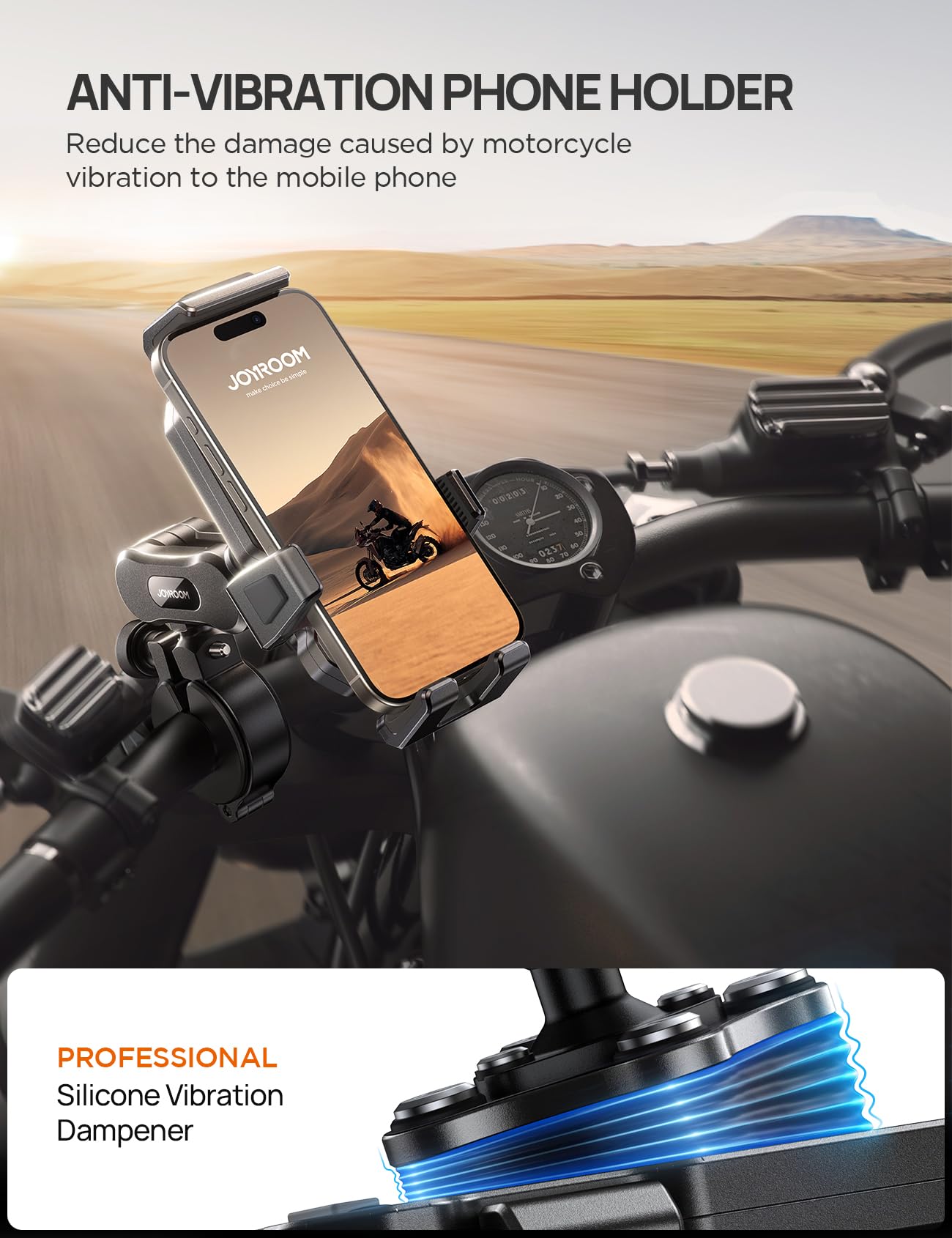 JOYROOM Aluminum Motorcycle Phone Mount with Vibration Dampener - for iPhone/Samsung - Bike/ATV Riding