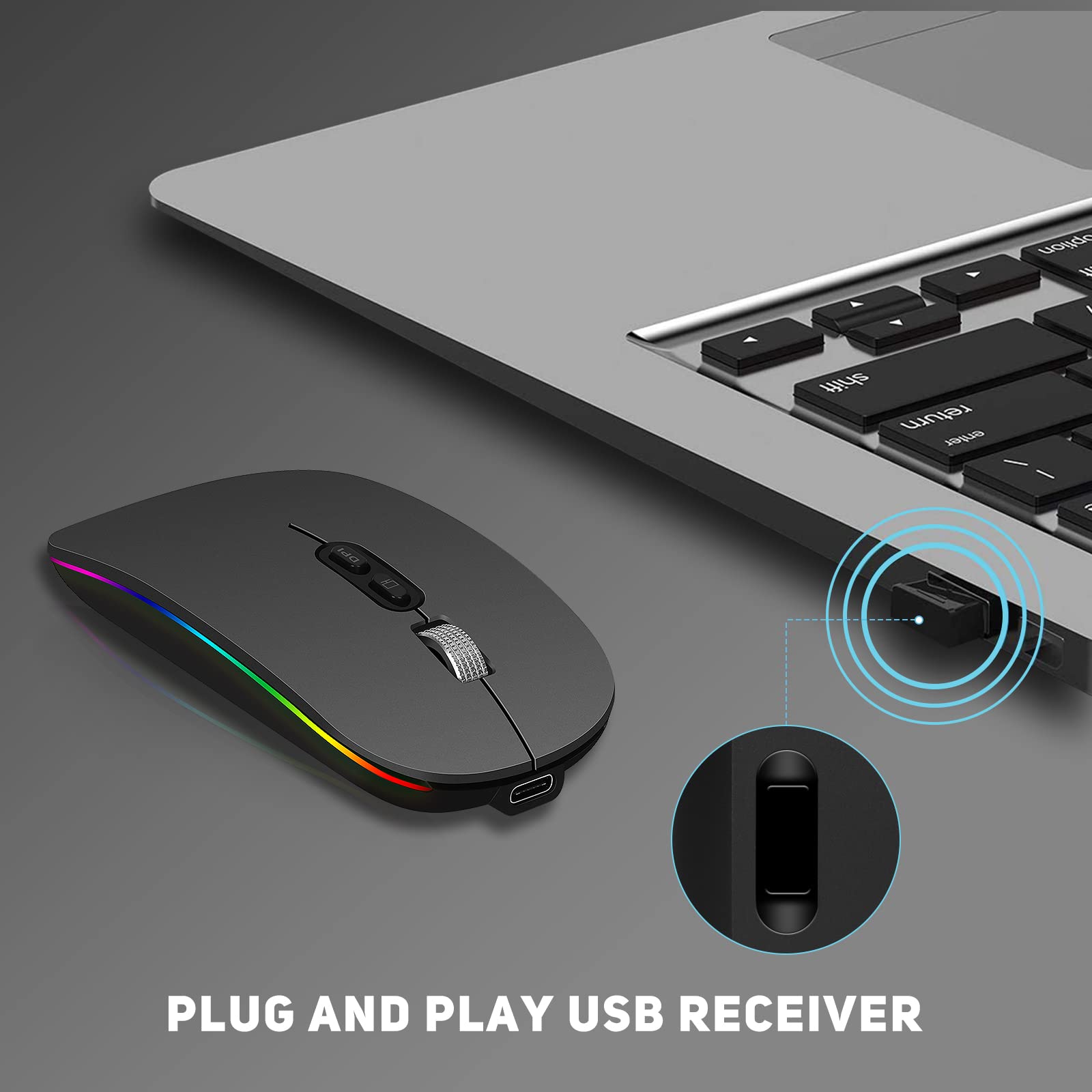 Rechargeable Wireless LED Mouse - Slim Silent 2.4G Optical Mouse with Adjustable DPI for Laptop, PC, Desktop Computer | Portable Ergonomic Design for Office, Gaming & Travel (Grey)