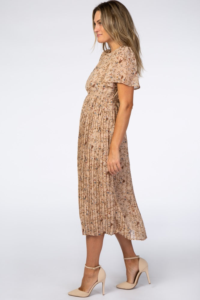 Elegant Beige Floral Pleated Chiffon Midi Dress for Women - Perfect for Spring Weddings, Garden Parties & Date Nights