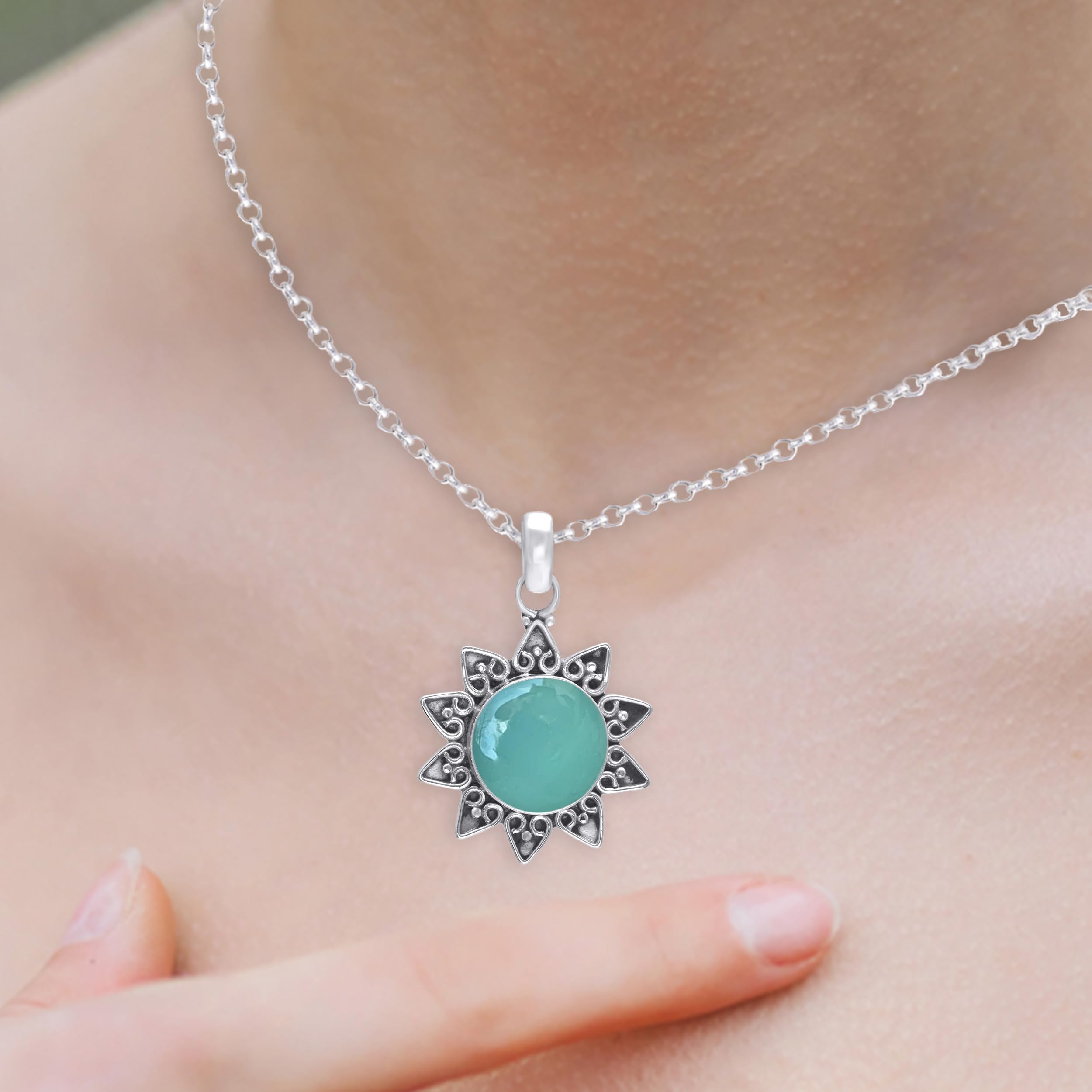 Aqua Chalcedony Pendant Necklace for Women - 925 Sterling Silver 18
