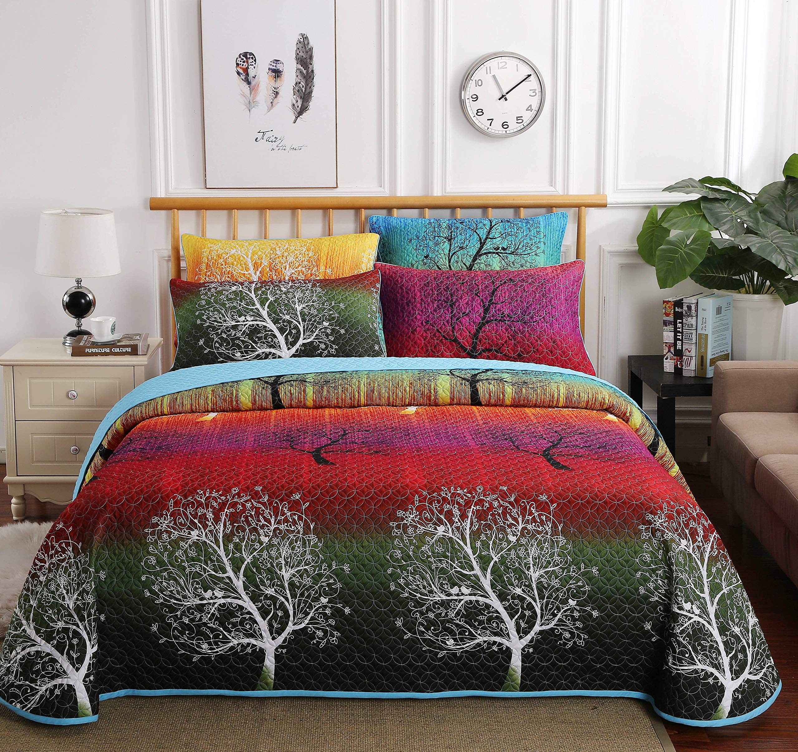 Rainbow Tree Pillow Shams Queen Size - Soft Quilted Yellow Decorative Pillowcases for Bedroom Decor, Living Room Accent Pillows