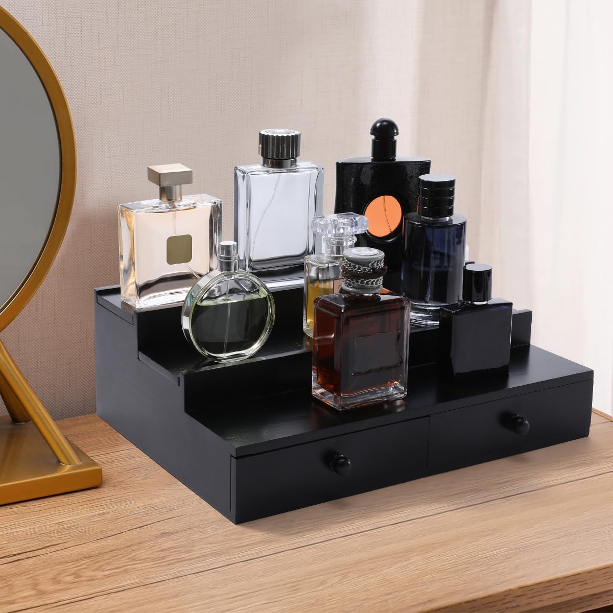 Premium 3-Tier Wooden Cologne Organizer for Men with Drawer & Hidden Compartment - Perfume Display Shelf - Perfect Gift for Him (Black) - Ideal for Bedroom, Bathroom & Vanity Organization