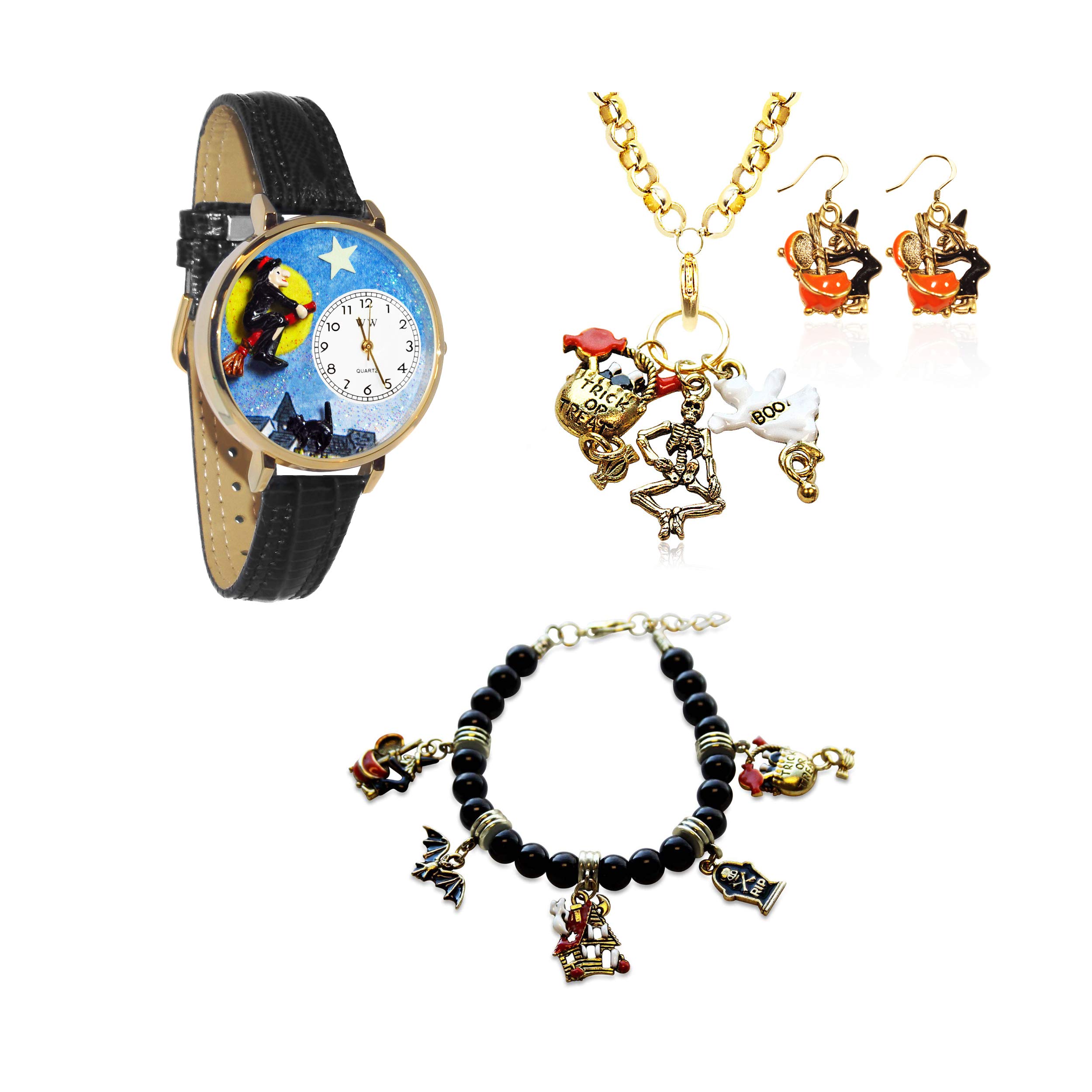 Whimsical Halloween Watch & Jewelry Set (4-Piece, Gold) - Perfect Costume Accessories for Women, Party Favors & Spooky Gift Ideas