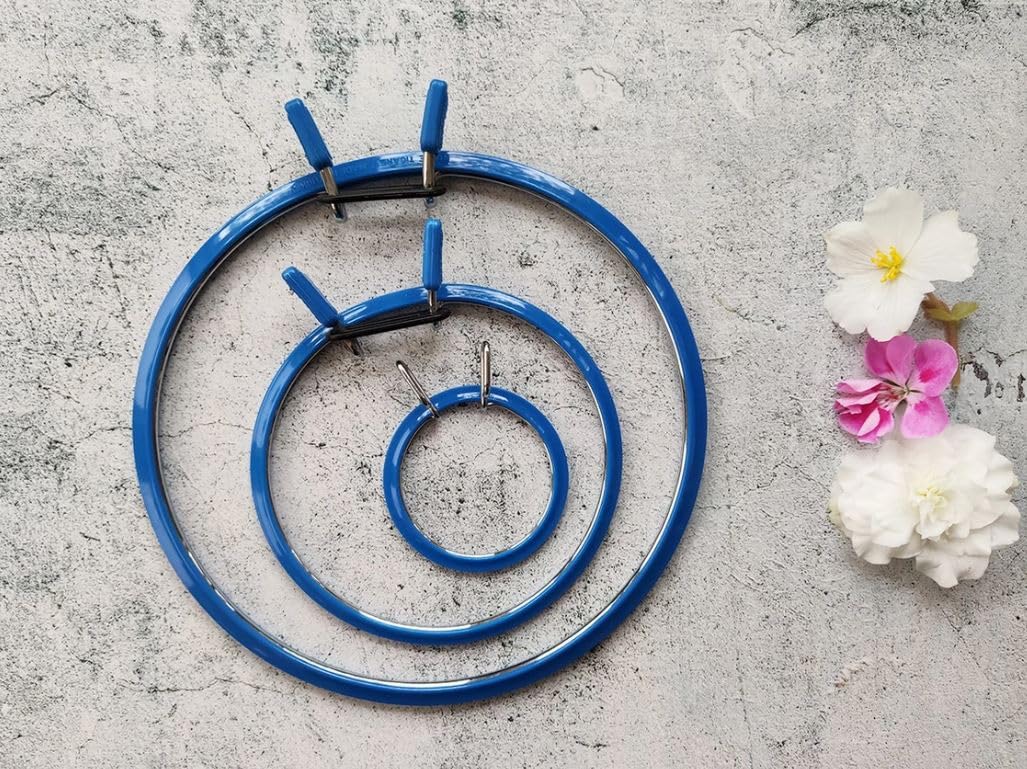Premium Metal Spring Tension Embroidery Hoops for Cross Stitch & Darning - Blue Medium Size | Professional Embroidery Supplies for DIY Crafts & Fabric Art Projects