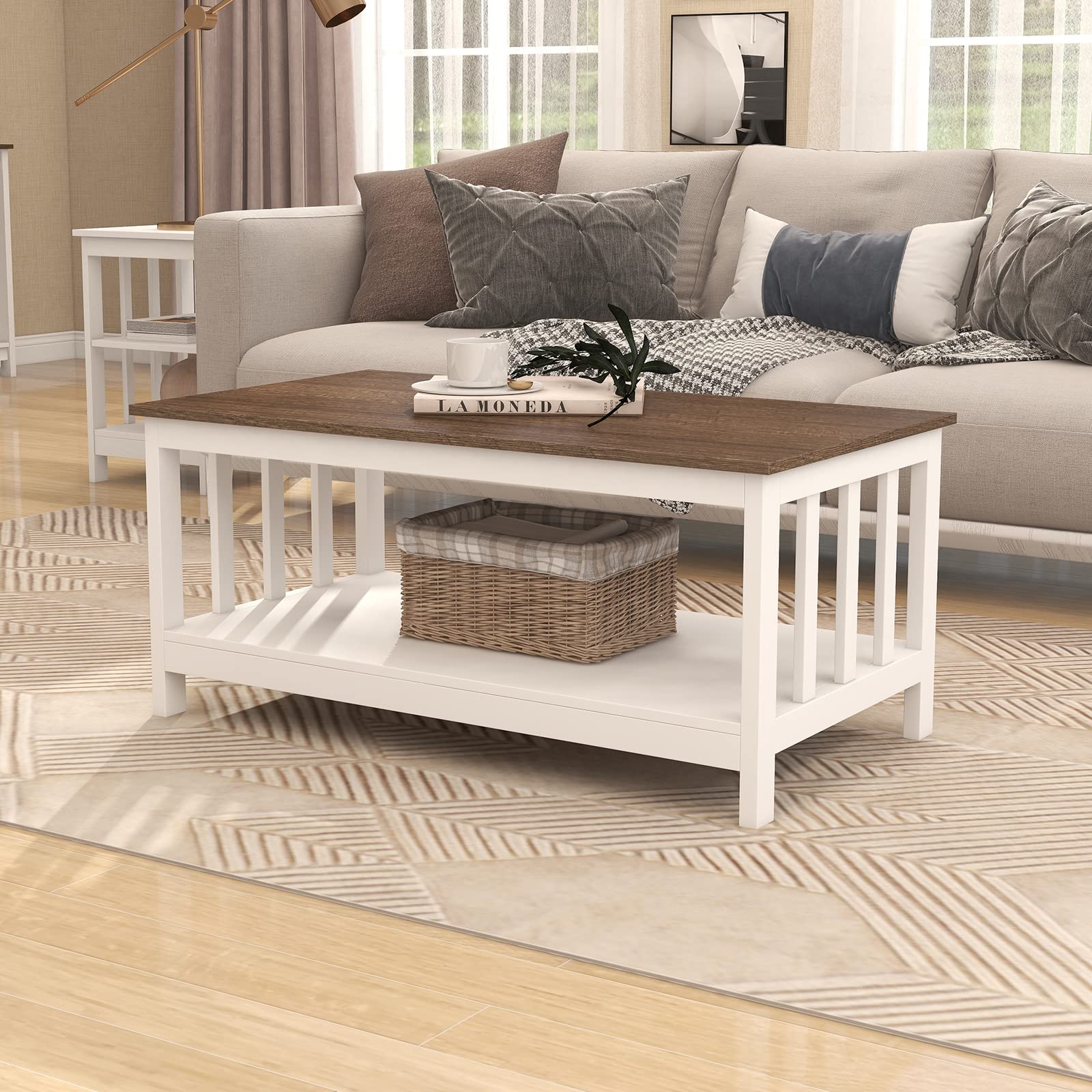 Farmhouse Coffee Table with Shelf - 40 Inch White Wooden Living Room Table for Rustic Home Decor | Perfect for Living Room, Lounge & Farmhouse Style Spaces