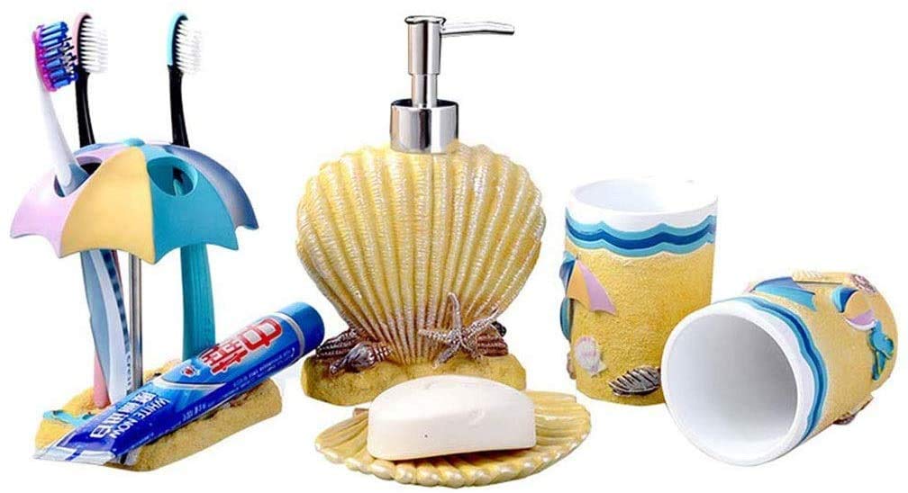 BUYT 5-Piece Beach Style Resin Soap Dispenser Set - Modern Bathroom Soap Bottles & Wash Kit Accessories for Bathroom, Kitchen, and Guest House Decor