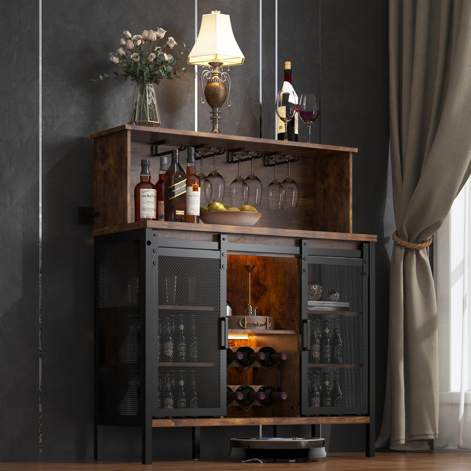 Rustic Brown Farmhouse Coffee & Wine Bar Cabinet with Sliding Barn Door - Buffet Storage Cabinet with Wine Rack, Glass Holder & LED Lighting for Kitchen, Living Room, Dining Room - Perfect for Entertaining Guests & Home Decor