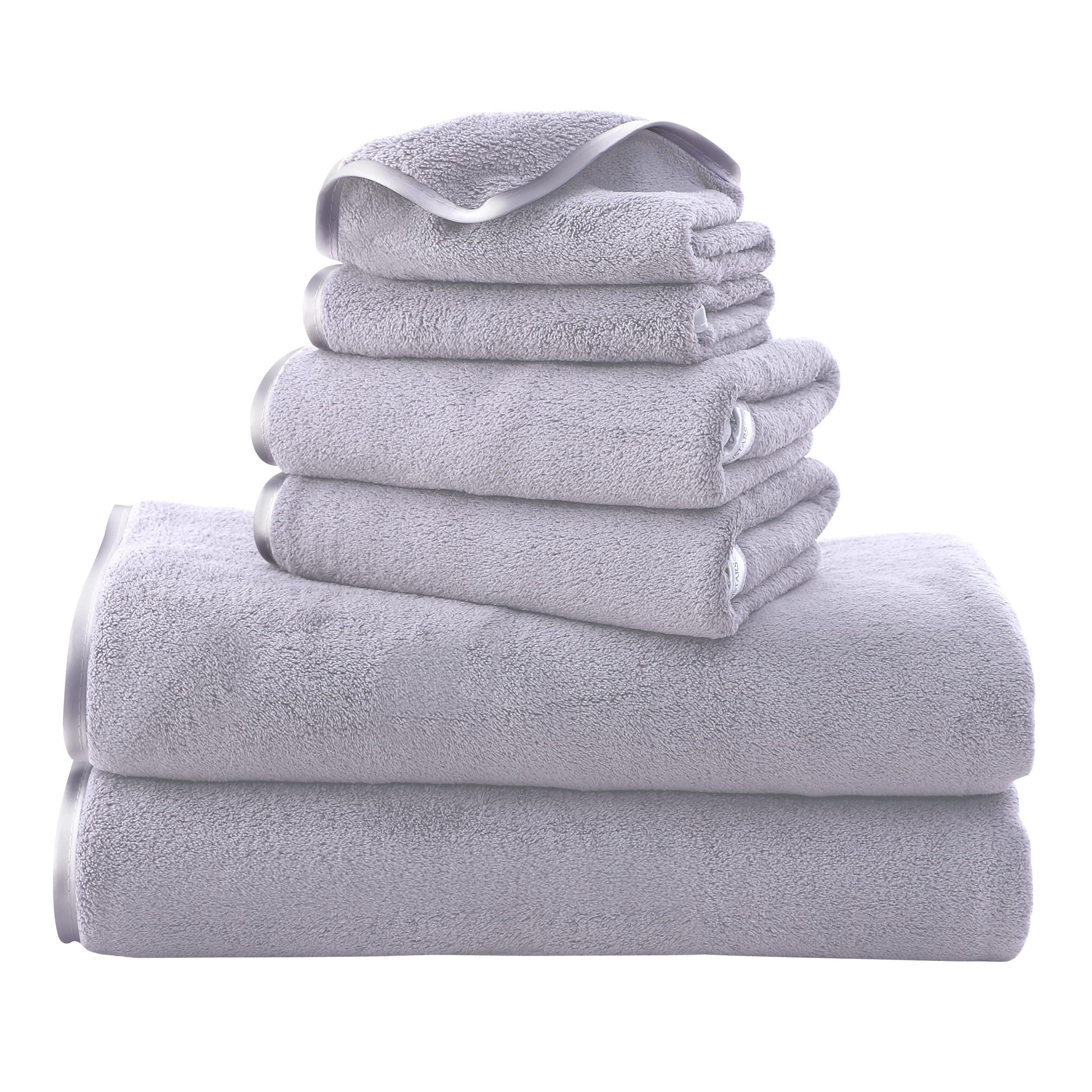 Premium Luxury Silk Hemming Microfiber Towel Set - Ultra Soft, Lightweight & Quick Drying - 2 Bath Towels, 2 Hand Towels, 2 Washcloths (6-Piece Set) - Perfect for Bath, Spa, Gym, Yoga, Travel & Sports - Light Grey