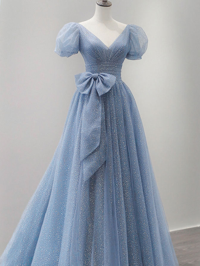 Elegant Blue Tulle V-Neck Long Prom Dress for Sweet 16 Party | Formal Evening Gown for Homecoming, Quinceañera & Special Occasions