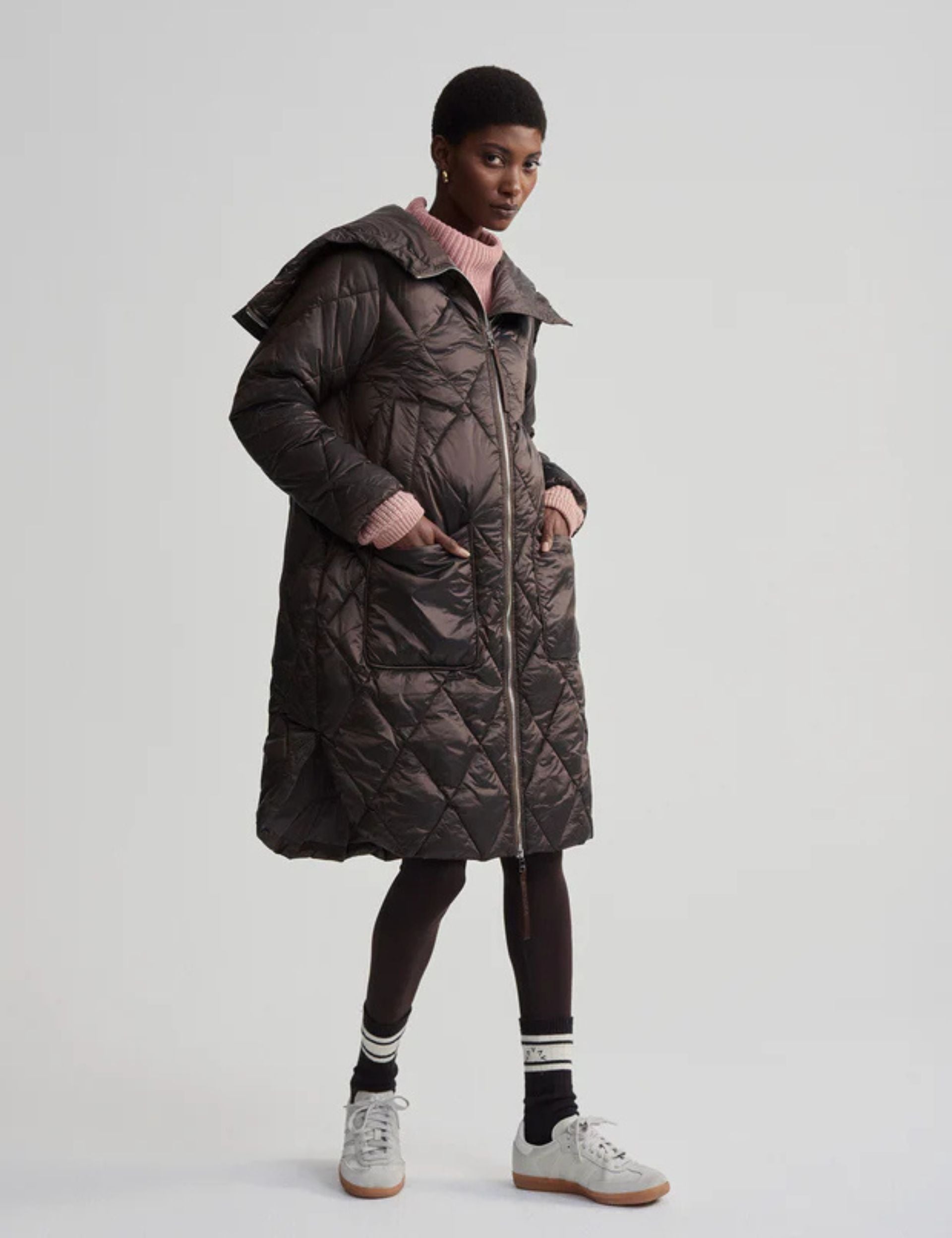 Frisco Long Quilted Jacket for Women - Stylish Coffee Quartz Metallic Coat | Perfect for Fall & Winter Outdoor Activities