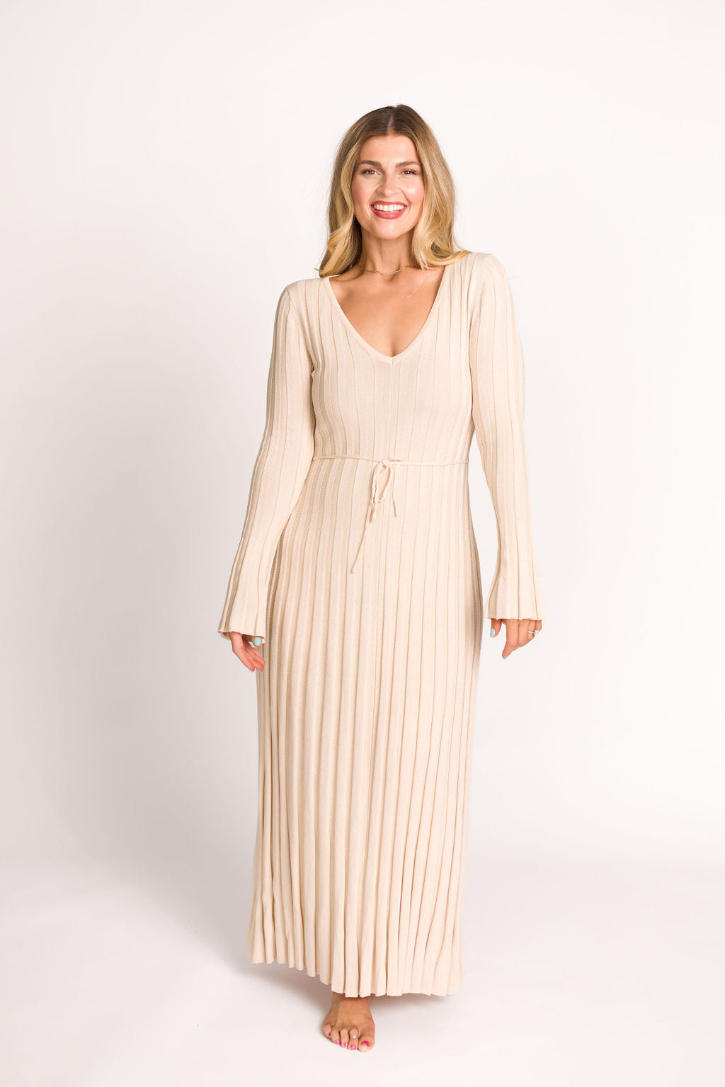 Hadley Long Sleeve V Neck Knit Maxi Dress in Cream Taupe - Elegant Women's Casual Maxi Dress for Fall & Winter, Perfect for Office, Date Night and Holiday Parties