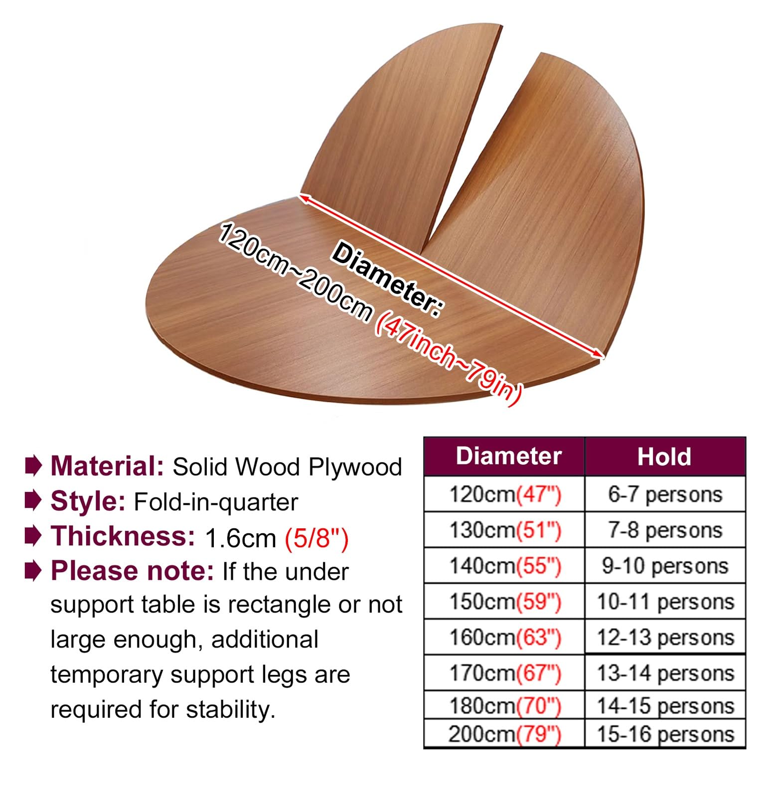 47 to 79 Inch Round Folding Table Top - Storable Wooden Dining Table for Kitchen, Patio & Outdoor Use with Durable Metal Hardware (59 inch/150 cm) - Perfect for Family Gatherings, BBQs and Entertaining Guests