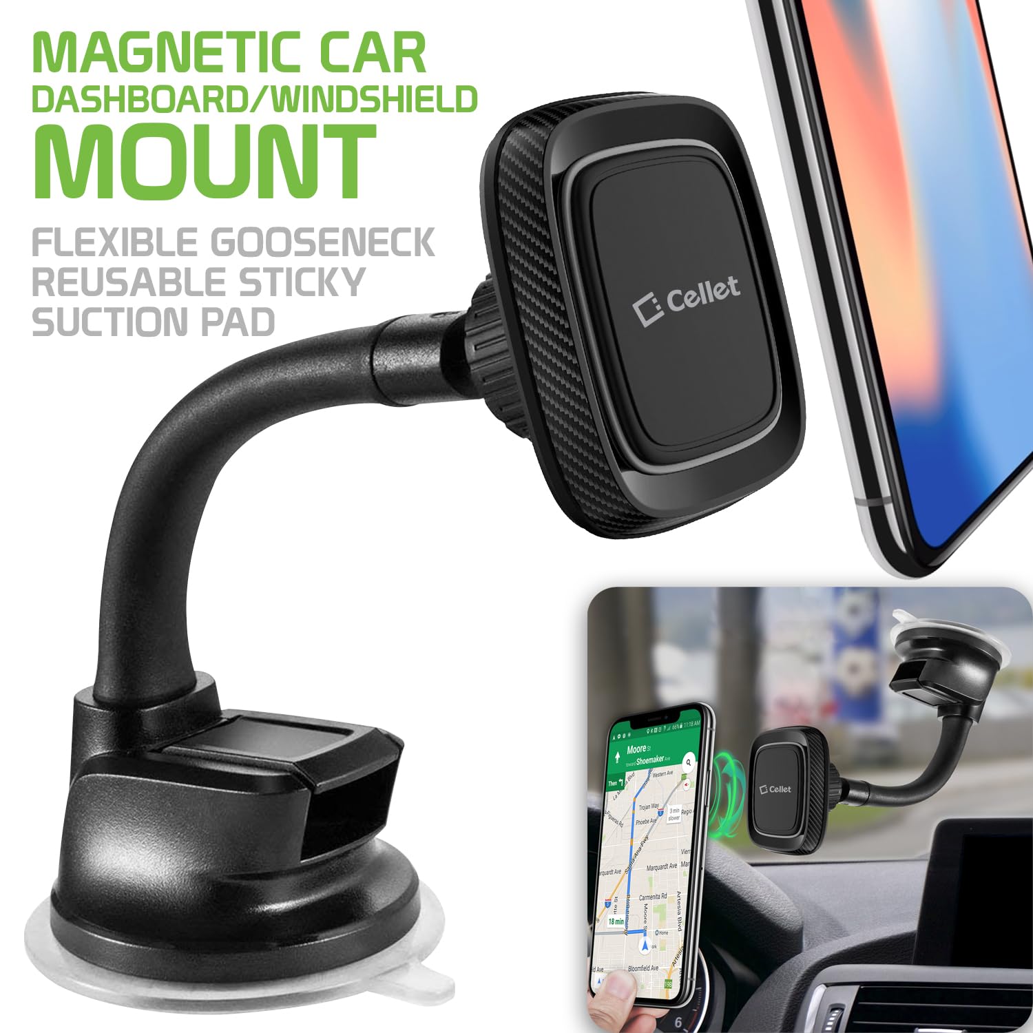 Cellet Universal Magnetic Car Phone Mount Holder - Dashboard & Windshield Compatible with iPhone, Samsung Galaxy, LG, Motorola, Google Pixel - Perfect for Hands-Free Driving & GPS Navigation