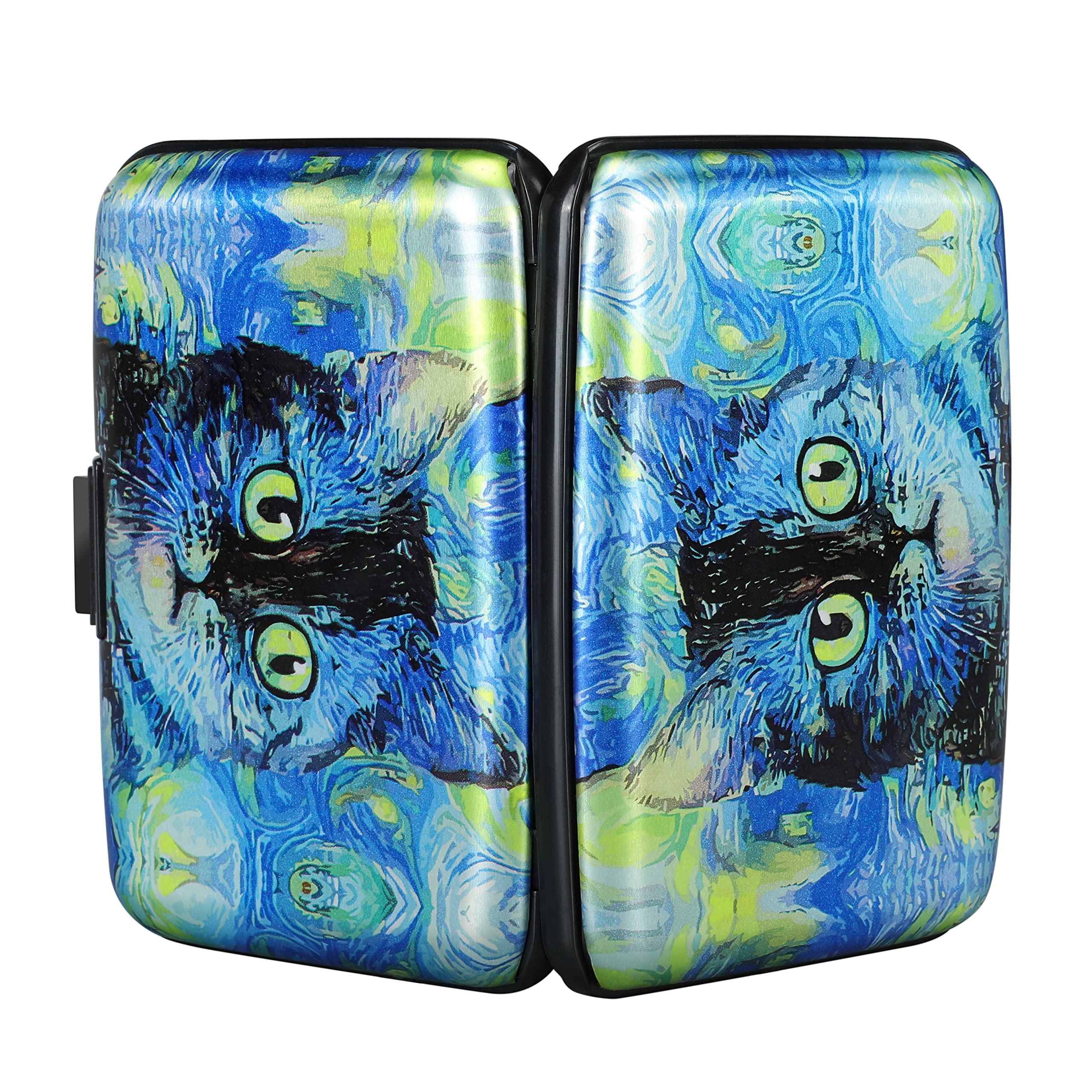 ELFISH Mini RFID Blocking Aluminum Wallet - Slim Credit Card Holder for Men & Women, Metal ID & Business Card Case (Blue Cat) - Perfect for Travel, Work & Everyday Use