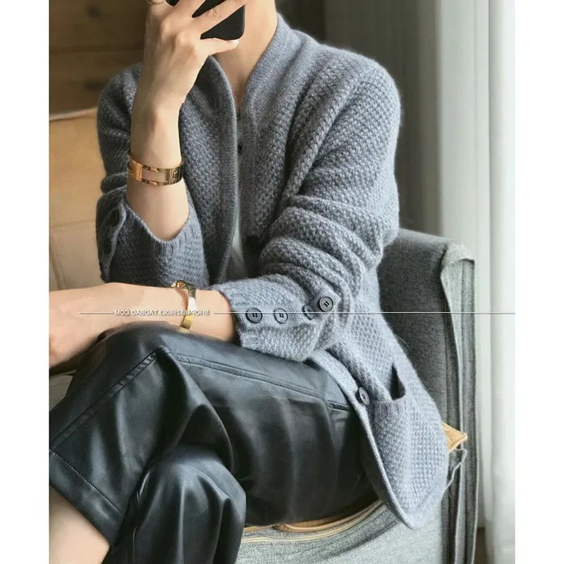 Women's 100% Cashmere Wool Cardigan - Thick Winter Stand Neck Loose Knit Sweater Jacket | Cozy Fall & Winter Layering for Office & Casual Outfits
