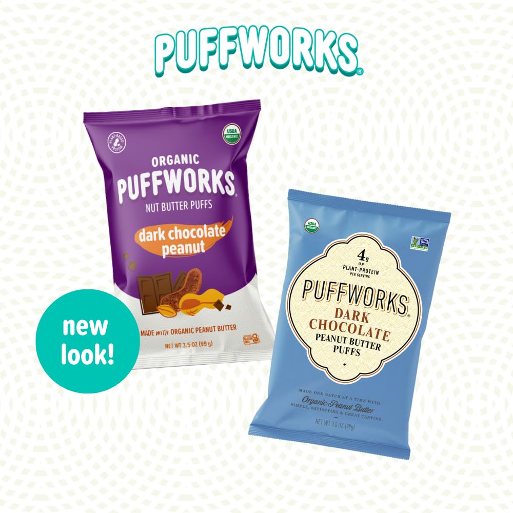 Organic Dark Chocolate Peanut Butter Puffs by Puffworks - 12 Pack (1.2 oz Each) | Vegan, Gluten-Free, Kosher Plant-Based Protein Snack for Kids & Adults | Perfect for Lunchboxes, Hiking & Healthy On-the-Go Snacking