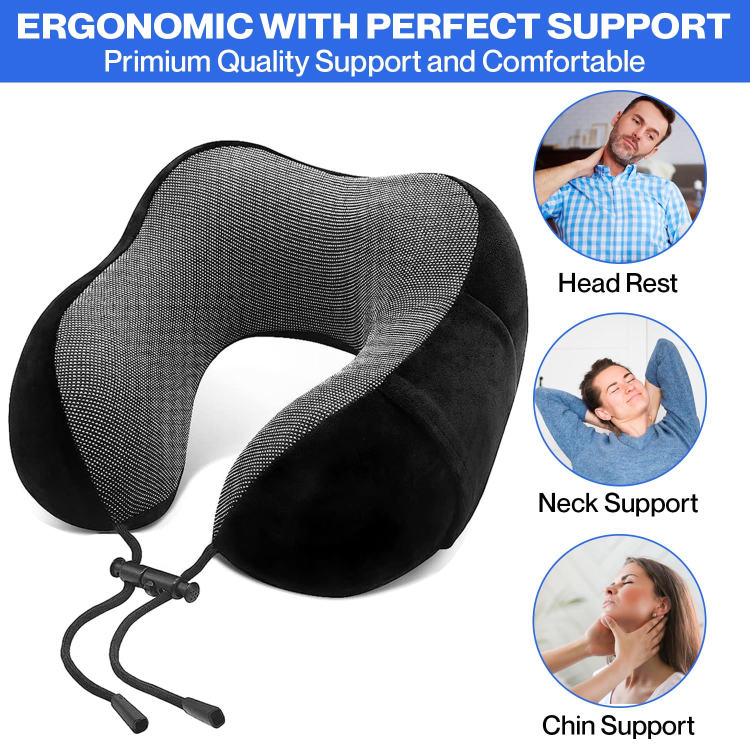 **Kalpa Living Deluxe Memory Foam Travel Neck Pillow - Ultra Comfortable Head & Neck Support for Airplane, Car & Office - 4-in-1 Travel Pillow Set with Carabiner (Stylish Black) - Perfect for Long Flights, Road Trips & Work Breaks**