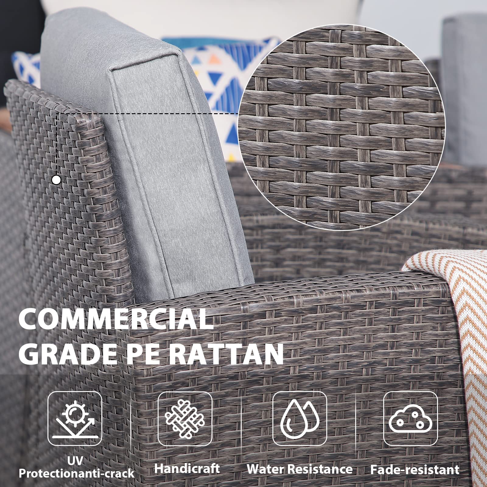 JOIVI PE Wicker 5-Piece Outdoor Patio Furniture Set - Gray Rattan Sectional Sofa with Storage Box, Tempered Glass Table & Light Gray Cushions - Perfect for Backyard, Poolside or Garden Relaxation