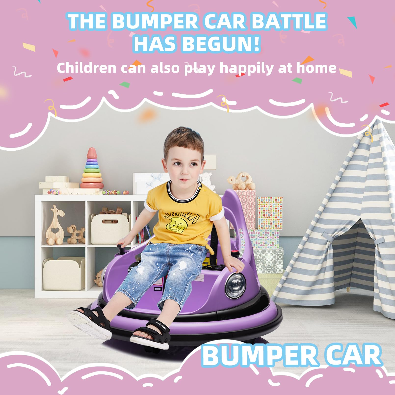 12V Electric Bumper Ride On Car for Kids & Toddlers with Remote Control, LED Lights, 360° Spin, Bluetooth, Anti-Collision Padding & 5-Point Safety Belt - Purple | Indoor/Outdoor Play, Birthday Gifts, Amusement Park Fun