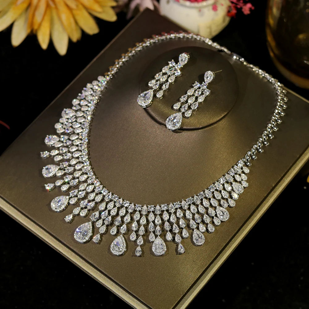 Luxury Water Drop Tassel Jewelry Set with White Cubic Zirconia - Elegant Bridal Necklace & Earrings for Weddings, Prom, Evening Gala & Special Occasions