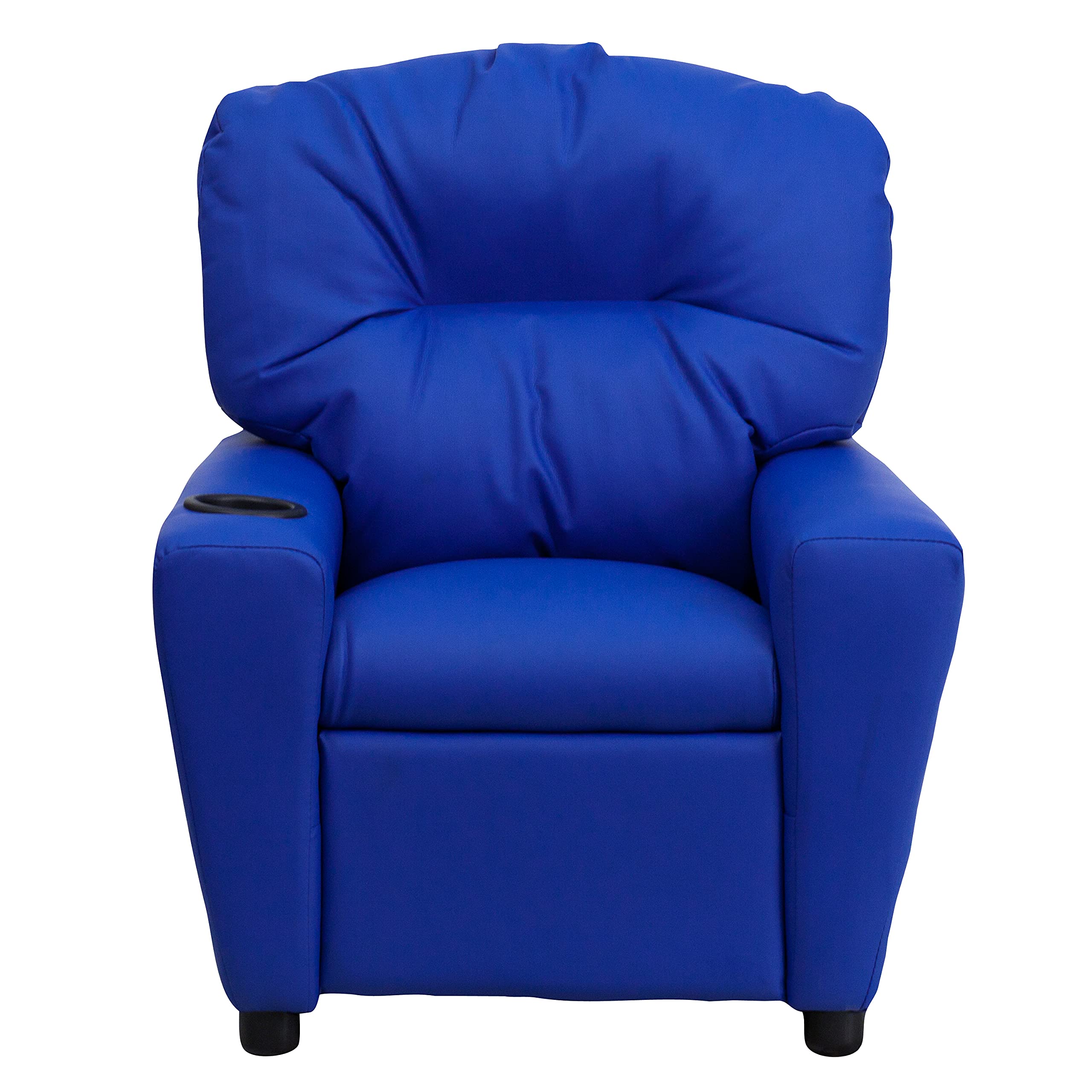 Emma & Oliver Blue Vinyl Kids Recliner Chair with Cup Holder - Comfortable Children's Lounge Chair for Playroom, Bedroom or TV Time