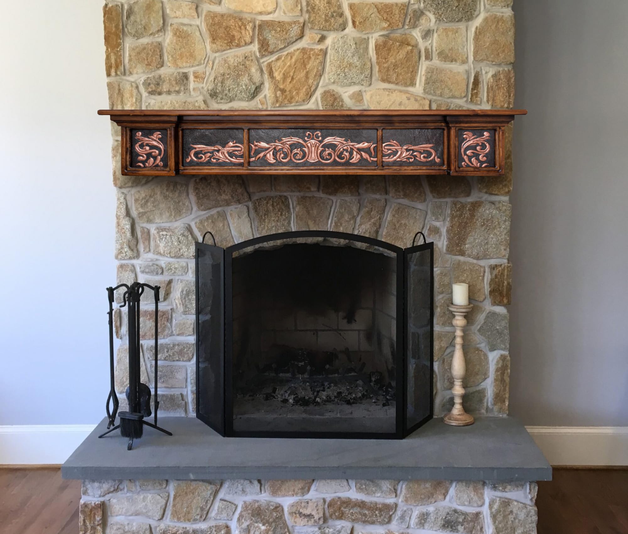Handmade Custom Copper Fireplace Mantel Shelf - Floating Wall-Mounted Decorative Mantel with Wood Accents (Black & Copper) - Perfect for Living Room, Bedroom & Home Decor - MANTEL SHELF-1-5028