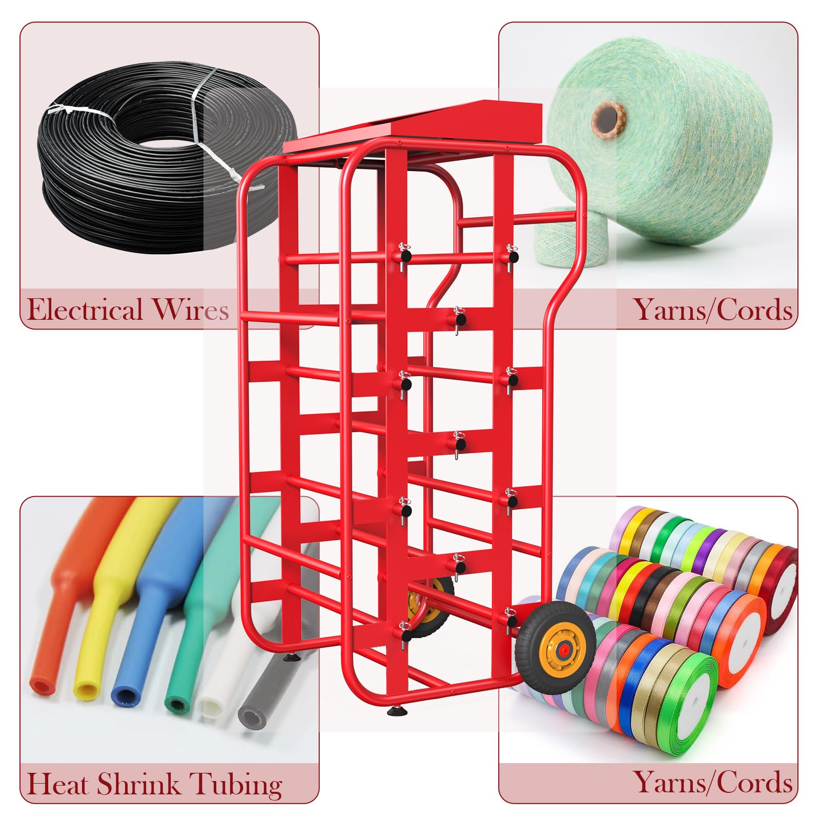 Heavy Duty Wire Spool Holder with Wheels - 6-Spool Electrical Cable Rack Dispenser with Storage Tray | Industrial Wire Organizer for Electricians, DIY Projects & Workshop Storage