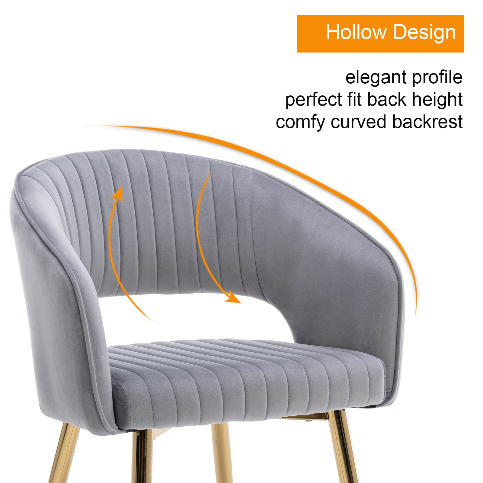 Modern Velvet Dining Chairs with Gold Metal Legs - Set of 4 Grey Upholstered Kitchen & Dining Room Chairs with Hollow Back Design - Elegant Accent Chairs for Living Room, Kitchen, Dining Area & Home Decor (Grey, 4 Pack)