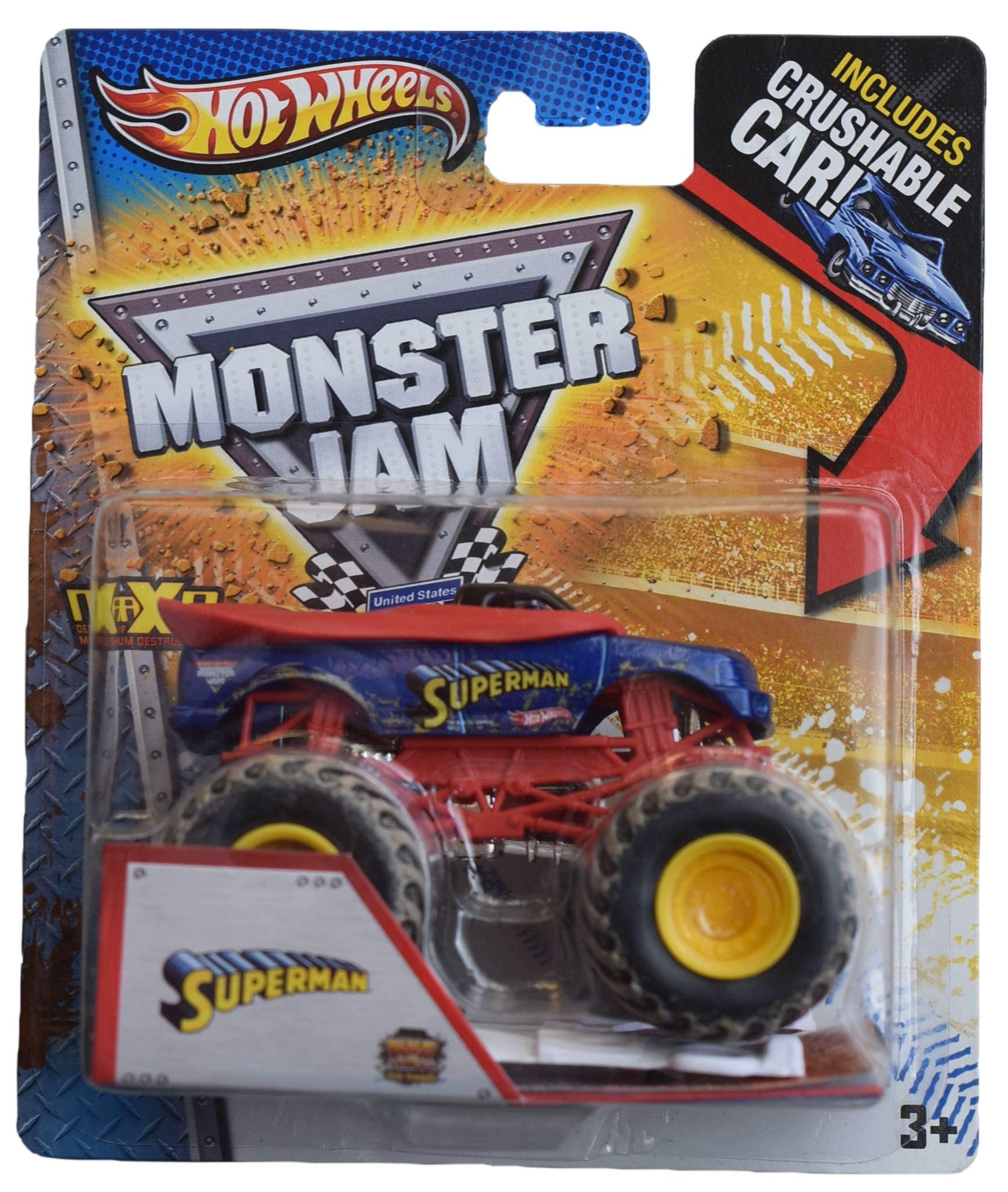 Hot Wheels Monster Jam Super Man 1:64 Scale Die Cast Crushable Car with Mudd Tire Treads - Collectible Toy for Kids & Adults - Perfect for Playtime, Display & Monster Truck Shows