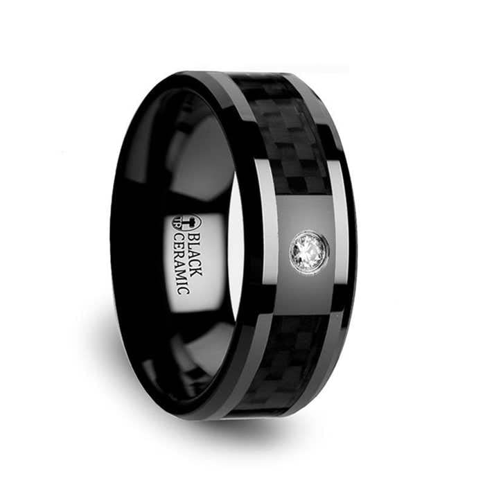 ANGUS Black Ceramic Diamond Wedding Band with Black Carbon Fiber Inlay - 8mm Wide Men's Ring for Anniversary, Engagement & Special Occasions