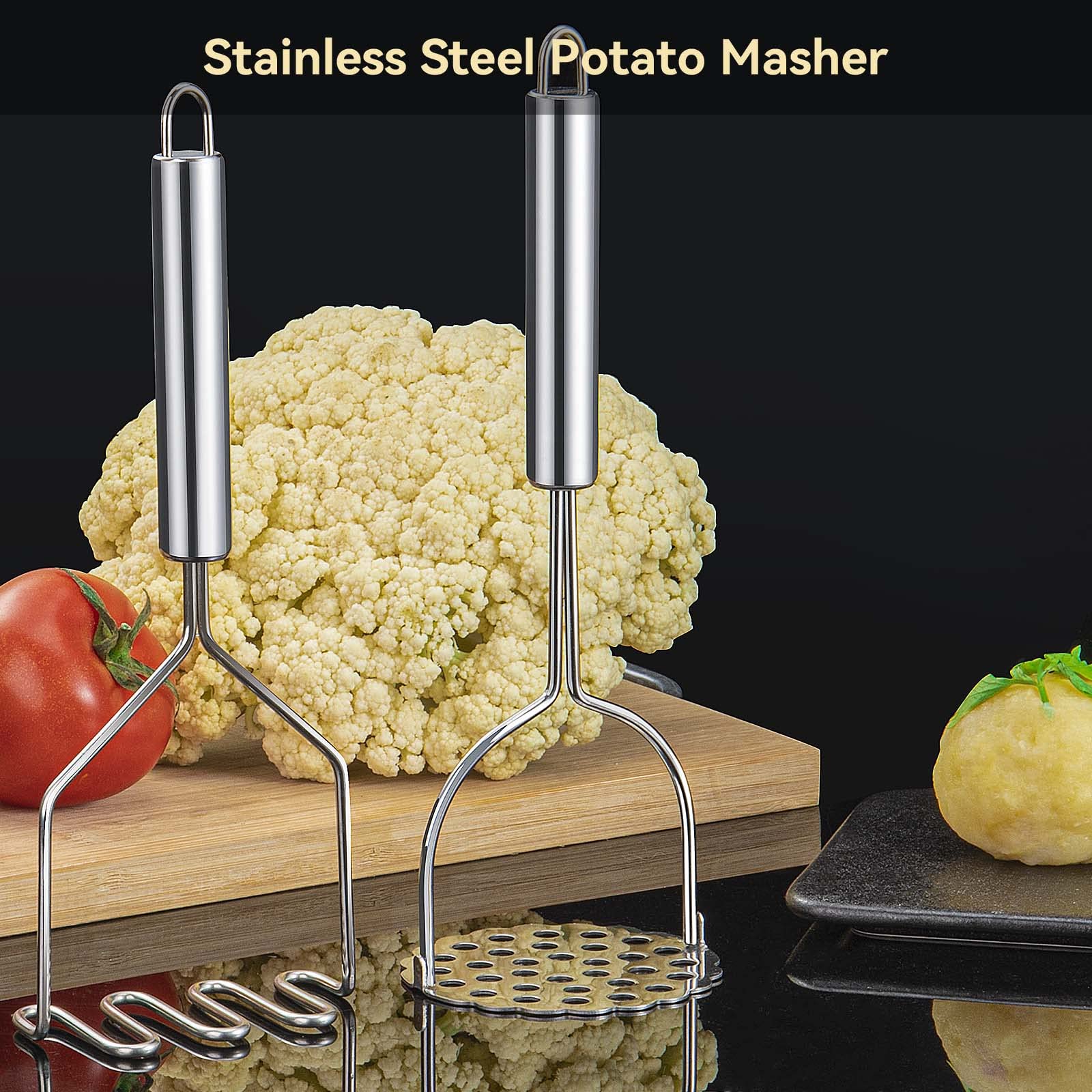 2 Pack Heavy Duty Stainless Steel Potato Masher - Rust-Proof Kitchen Tool for Mashing Potatoes, Vegetables & Fruits - Perfect for Mashed Potatoes, Baby Food & Baking Prep