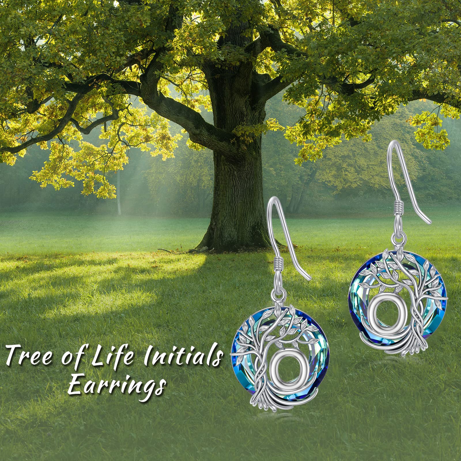 TOUPOP Tree of Life Initial Earrings 925 Sterling Silver A-Z Letter Drop Dangle Earrings with Blue Circle Crystal - Valentine's Day, Anniversary, Birthday Gifts for Women, Her, Girlfriend, Mom - Perfect for Romantic Occasions, Date Nights and Special Celebrations