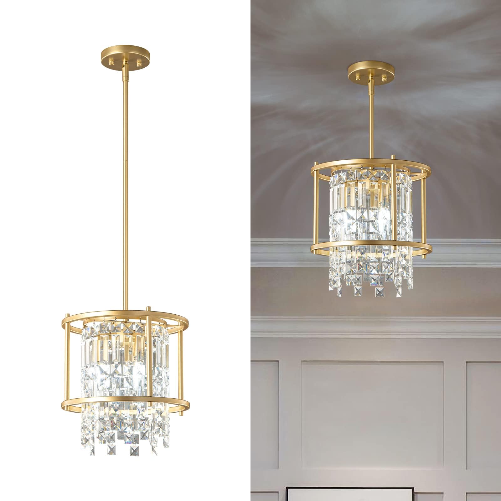 LMQNINE Modern Gold Crystal Pendant Light Fixture - 3-Light Semi Flush Mount Chandelier for Kitchen Island, Dining Room, Hallway, Entryway, Bedroom & Balcony | Elegant Lighting for Home Decor & Interior Design