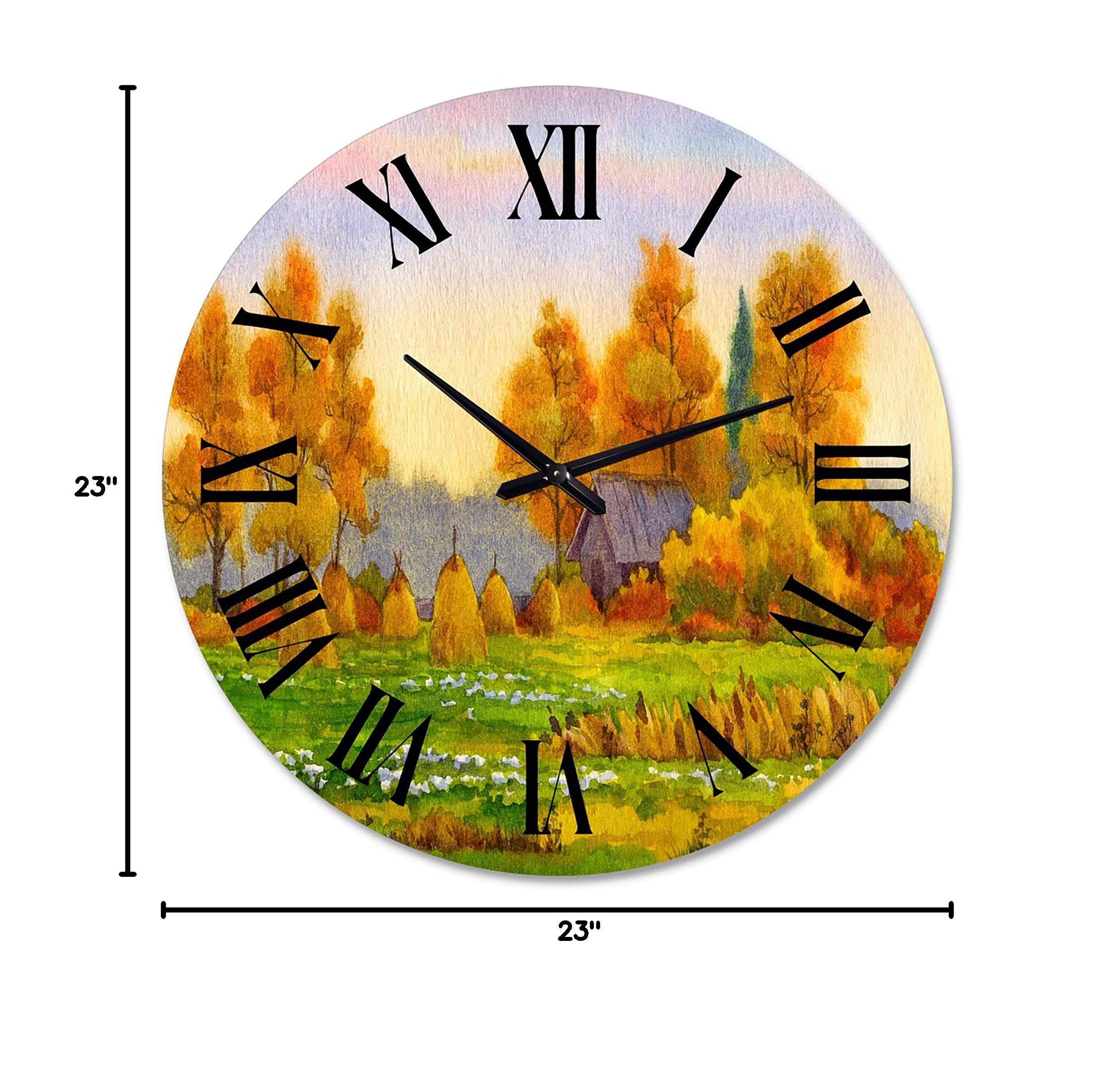 DesignQ Lake House Wall Clock 'Haystacks On Orange Fields I' - Large Landscape Nature Wall Clock for Home & Office Decor - Perfect for Living Room, Bedroom, Kitchen, and Workspace