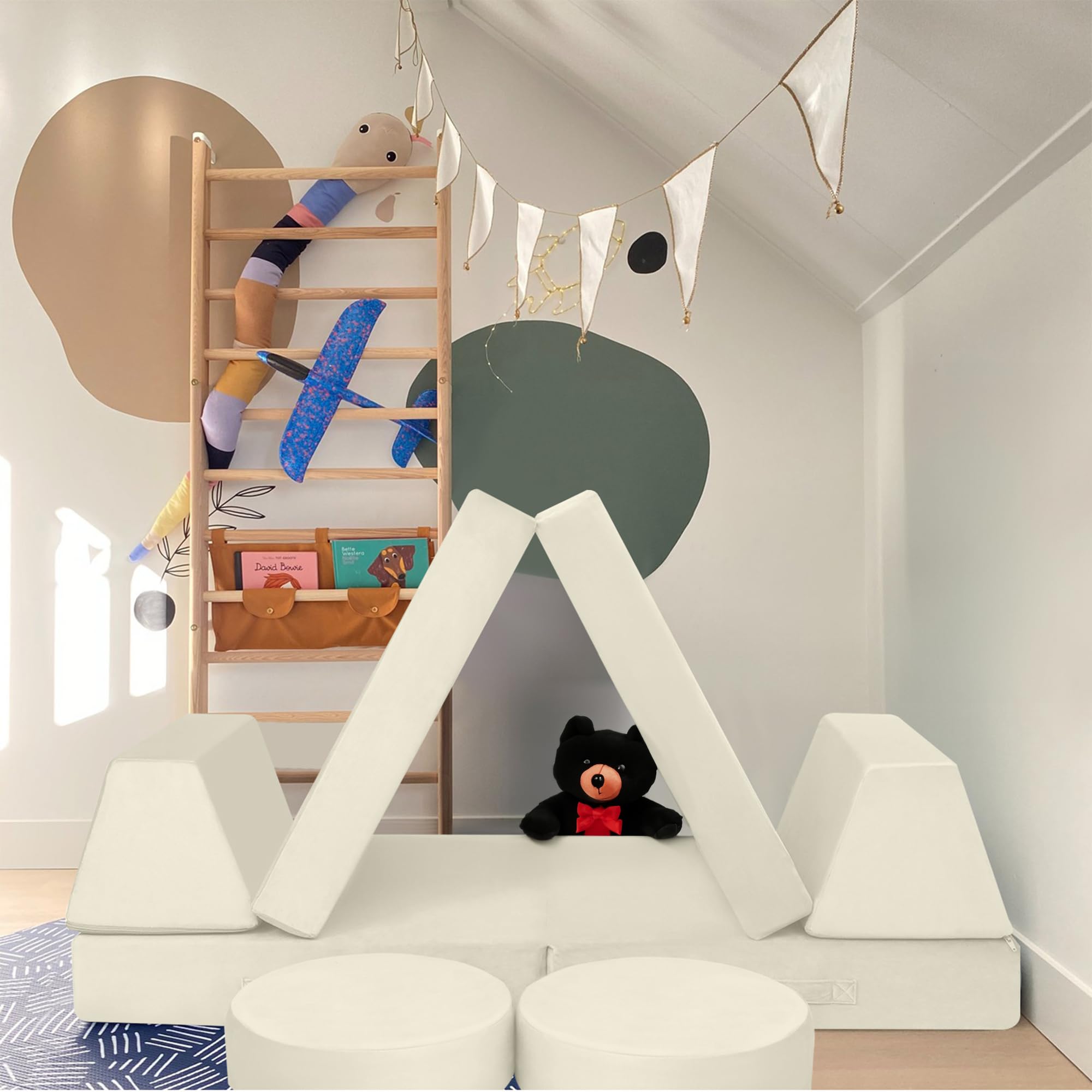 MeMoreCool Modular Kids Play Couch - Beige Foam Sofa & Fort Building Set for Toddlers | Indoor Playroom Furniture for Creative Play & Learning