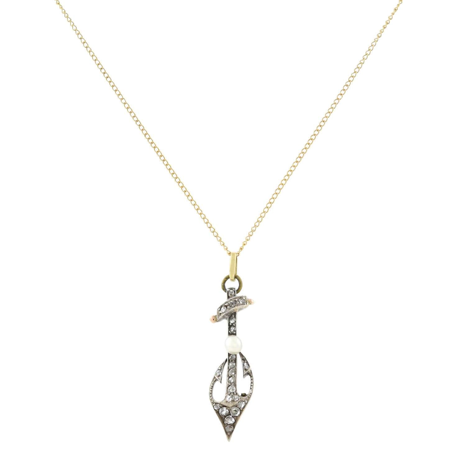 Victorian Style 18K Gold & Sterling Silver Diamond and Pearl Anchor Pendant Necklace - Elegant Jewelry Gift for Women, Perfect for Weddings, Anniversaries and Special Occasions