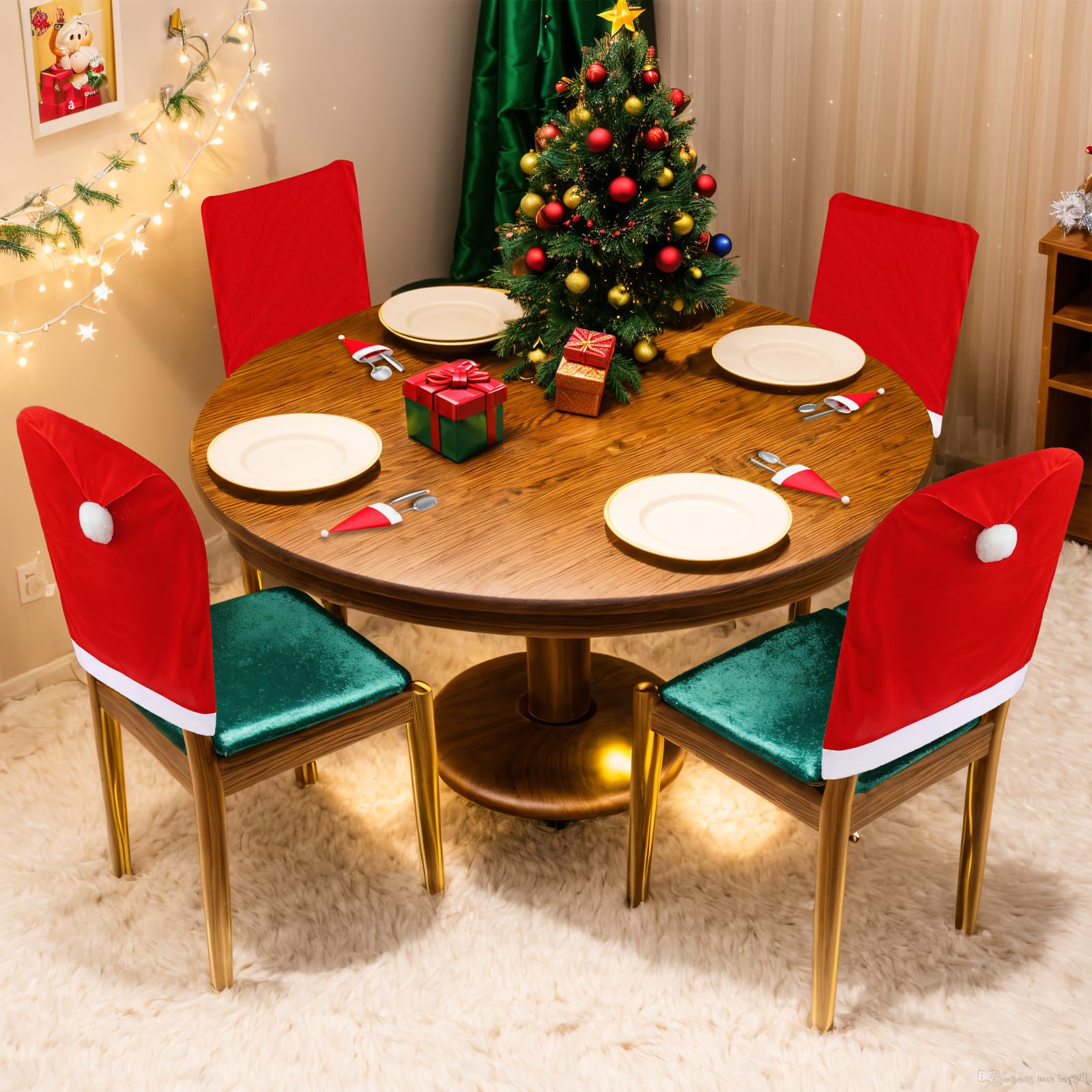 Santa Hat Chair Covers 4PCS with Silverware Holders - Christmas Dining Decor for Holiday Parties