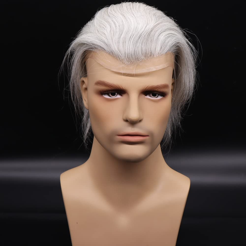 Premium European Human Hair Toupee for Men - Swiss Lace Front 0.08mm Thin Skin PU Base - 10x8 Inch 1B Mixed 90% Grey White Hair - Natural Looking Hair Replacement for Thinning Hair & Baldness - Perfect for Daily Wear, Special Occasions & Professional Settings