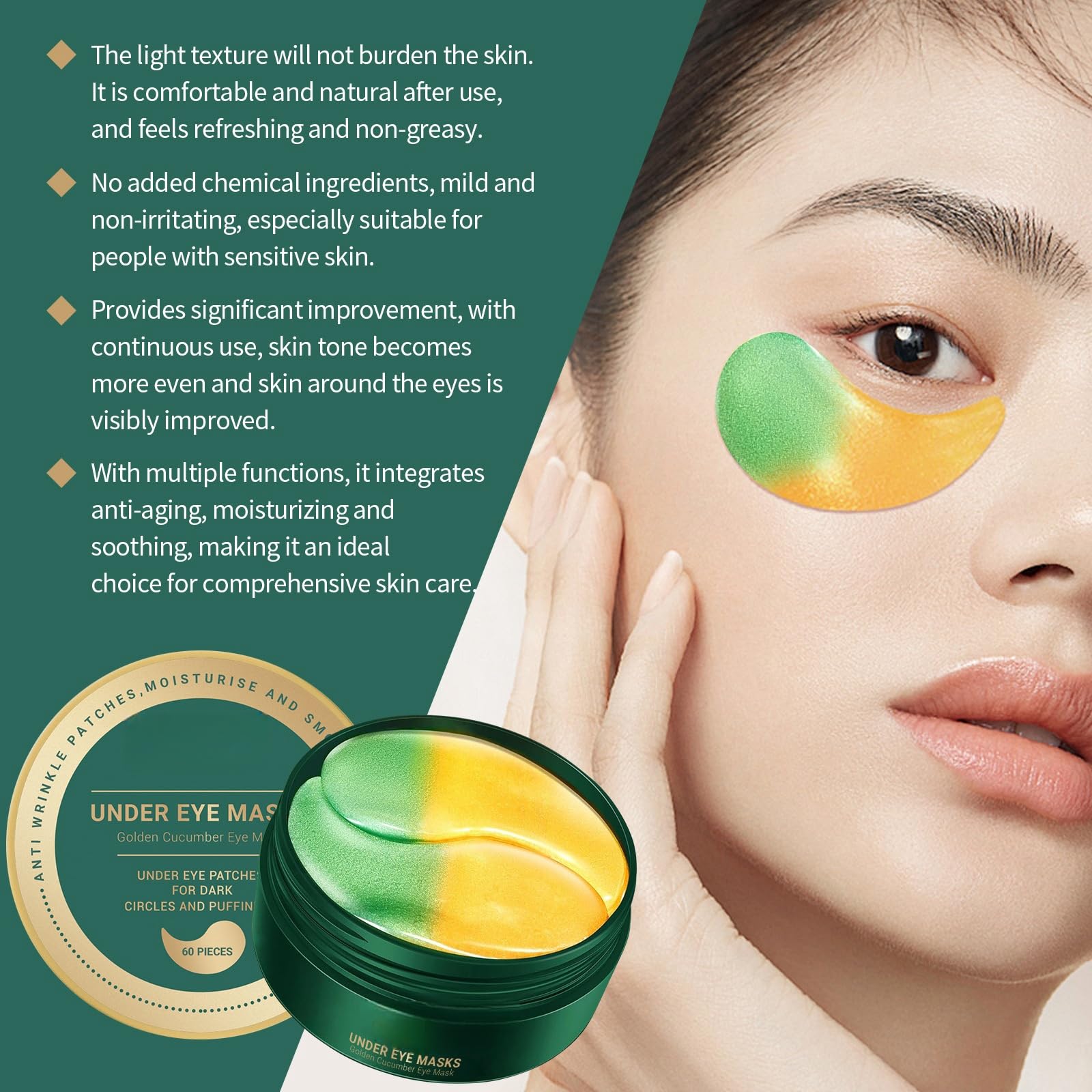 60pcs Golden Cucumber Eye Care Patches with Collagen & Hyaluronic Acid - Reduce Dark Circles & Wrinkles for Bright, Youthful Eyes | Perfect for Night Routine, Travel & Spa Days