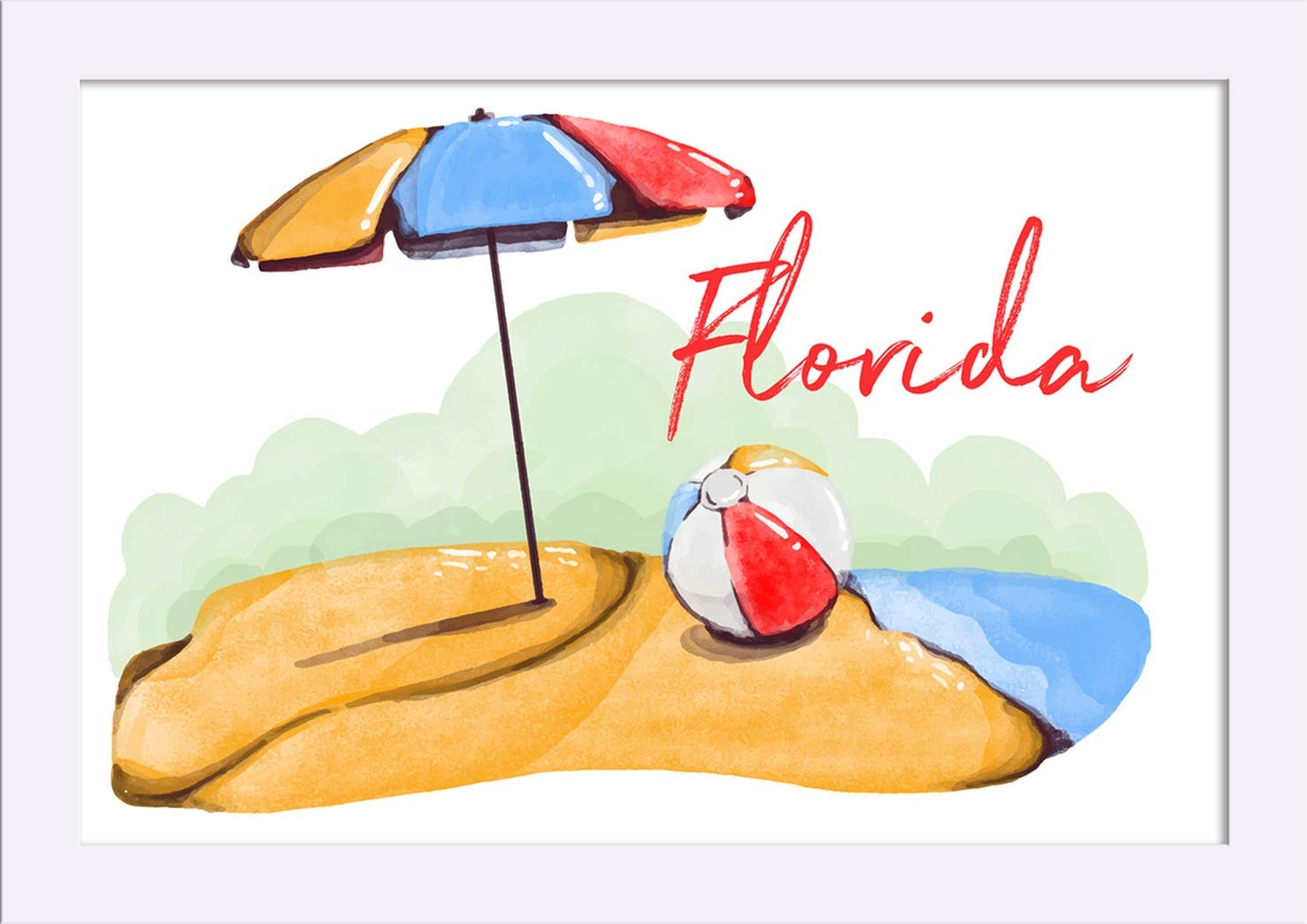 Florida Beach Ball and Umbrella Watercolor Art Print - 12x18 Giclee Fine Art on Recycled Wood Frame in White - Perfect for Coastal Home Decor, Beach House Wall Art, and Tropical Themed Rooms