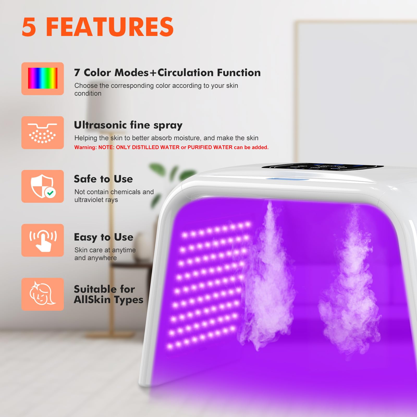 Holsn 7-Color LED Red Light Therapy Face Mask for Skin Rejuvenation - Adjustable Brightness & Timer, Home Spa & Salon Use, Anti-Aging & Acne Treatment Facial Device with Spray Function