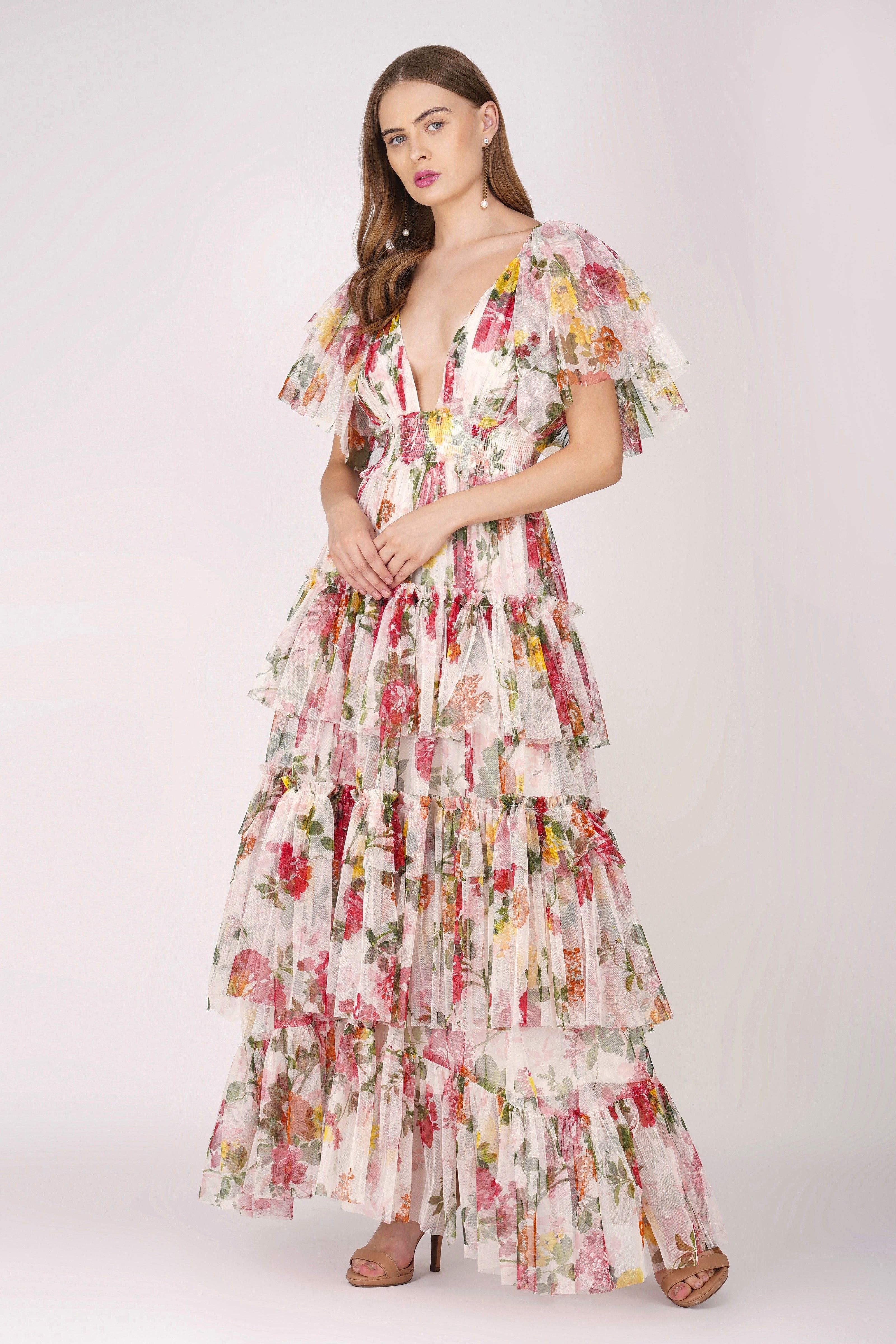 Floral Print Jasmine Maxi Dress for Women - Elegant Summer Beach Dress, Boho Chic Wedding Guest Outfit & Vacation Wear