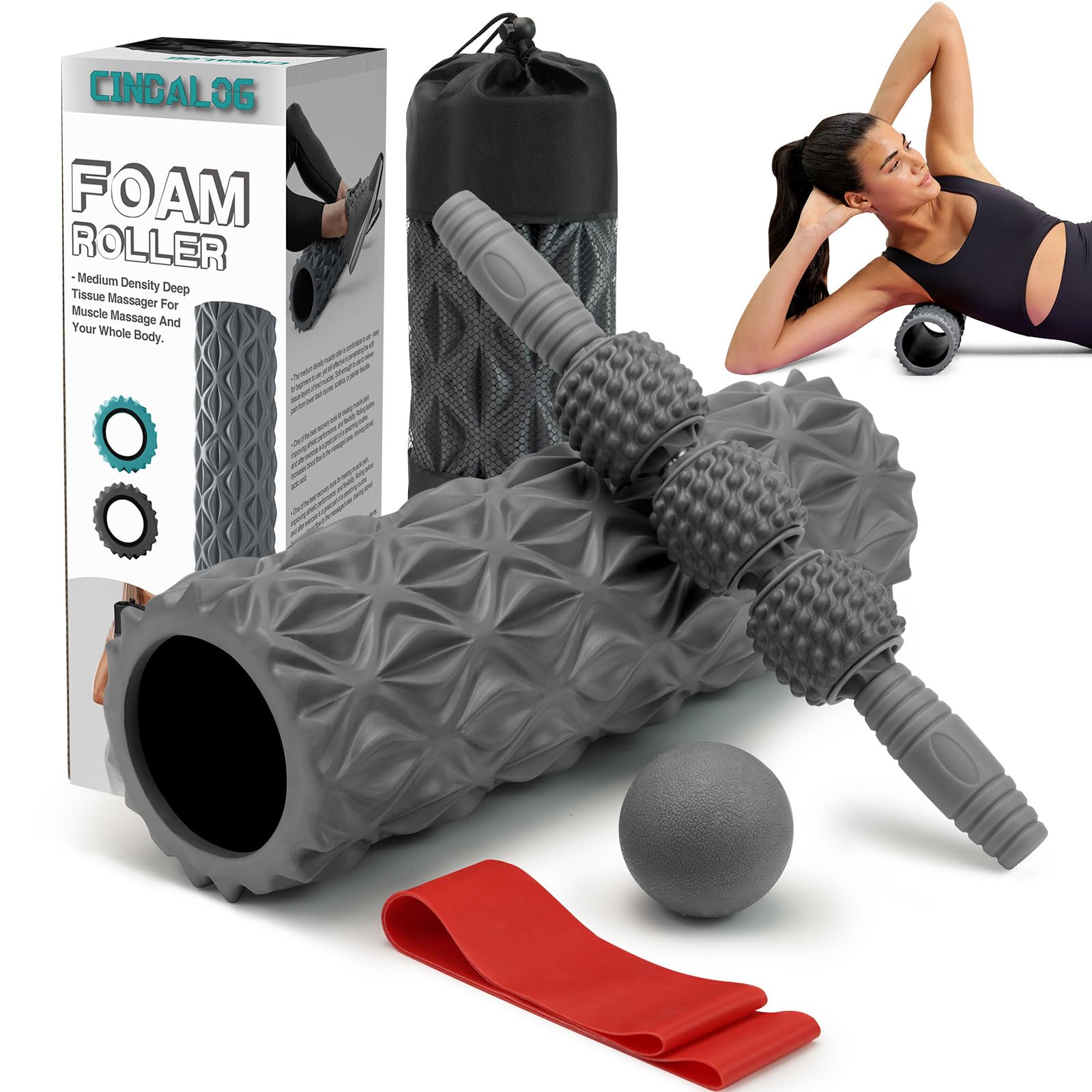 5 in 1 Foam Roller Set - Trigger Point Foam Roller, Muscle Massage Stick, Massage Ball, Stretching Band for Deep Tissue Therapy - Perfect for Yoga, Pilates, Fitness & Post-Workout Recovery at Home or Gym