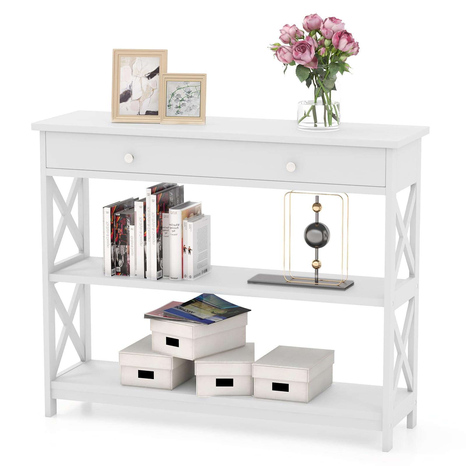 GOFLAME 3-Tier Narrow Sofa Table with Large Drawer & 2 Open Shelves, Modern Wooden Console Table for Entryway, Hallway & Living Room - Stylish Storage Solution for Small Spaces (White) | Perfect for Organizing Keys, Decor & Essentials in Compact Areas